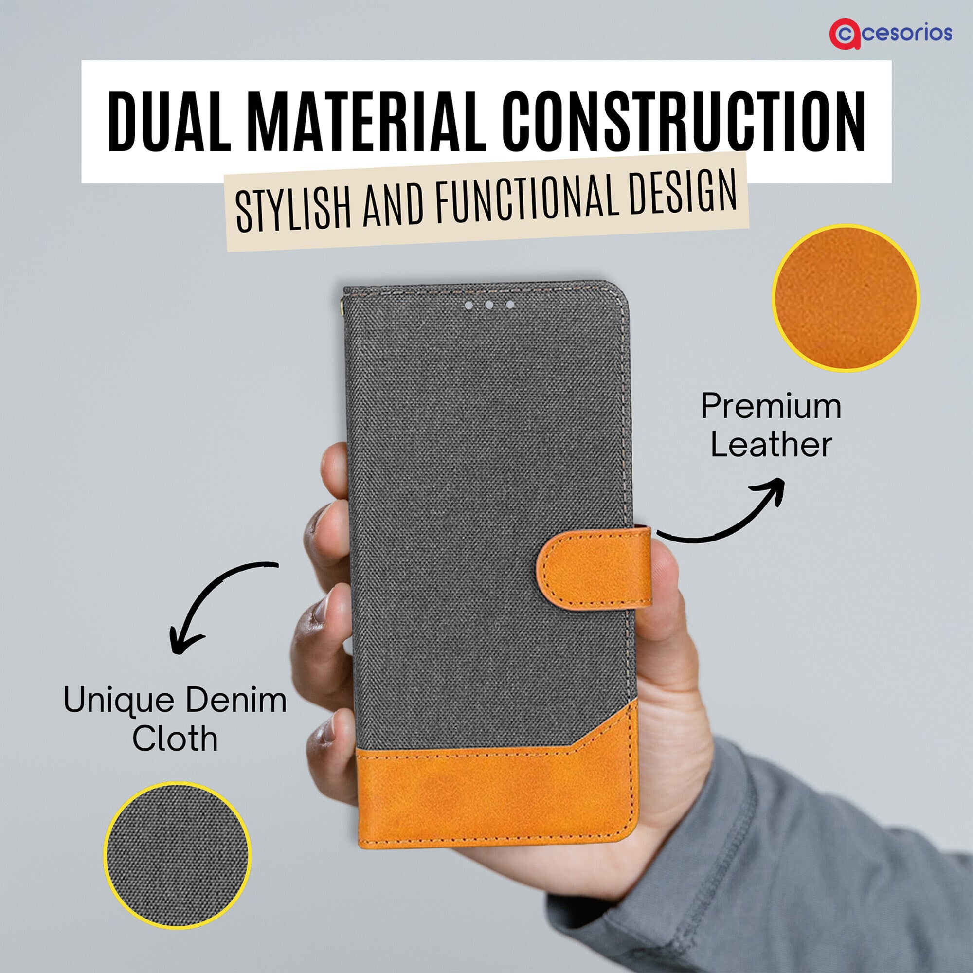 Accesorios Vivo Z1 Pro denim flip cover – Grey – Image 3 #color_grey