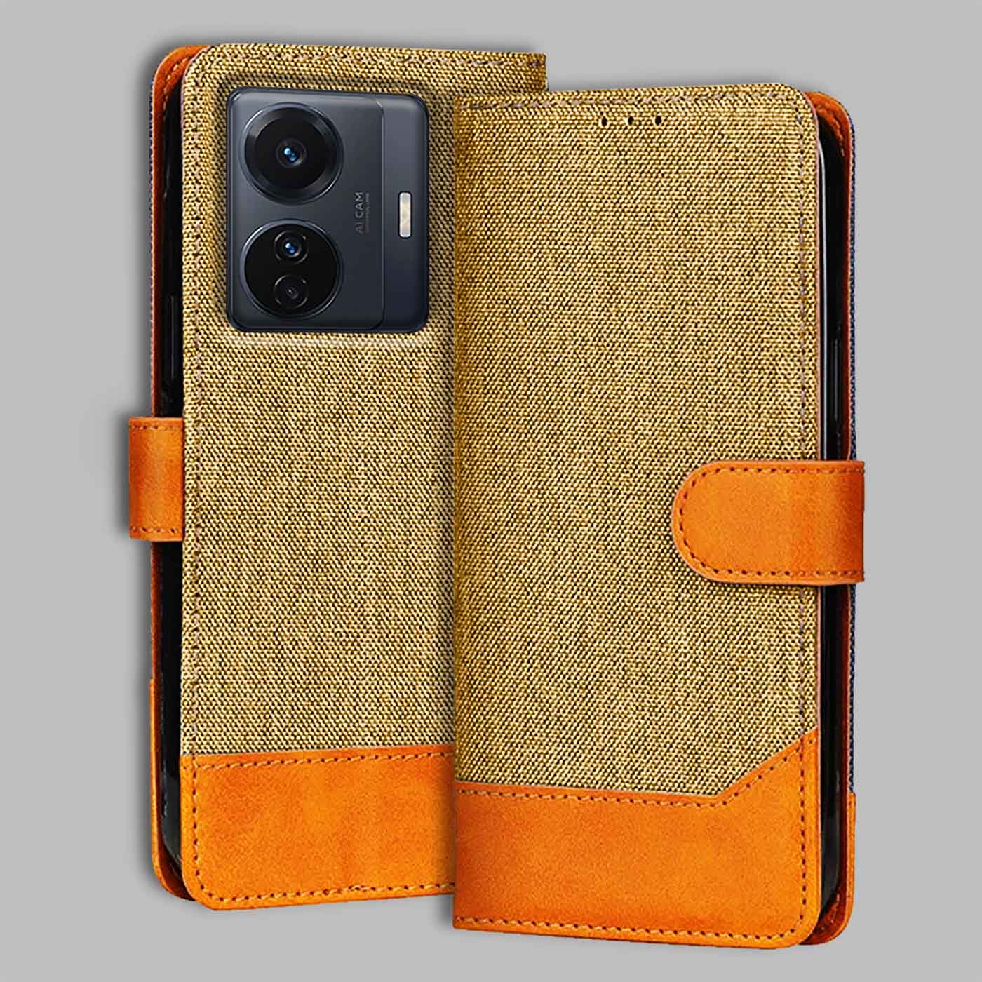 Vivo T1 Pro 5G flip cover in Light Brown — front view by Accesorios