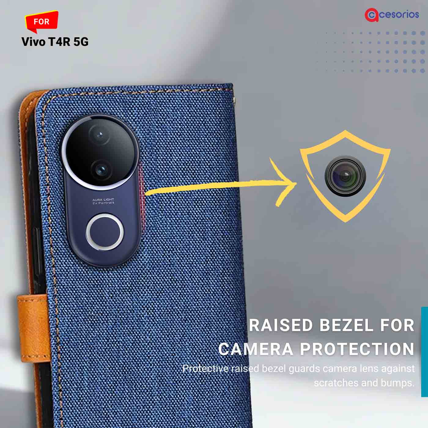 Denim & Leather back panel — Vivo T4R 5G in Blue mobile case