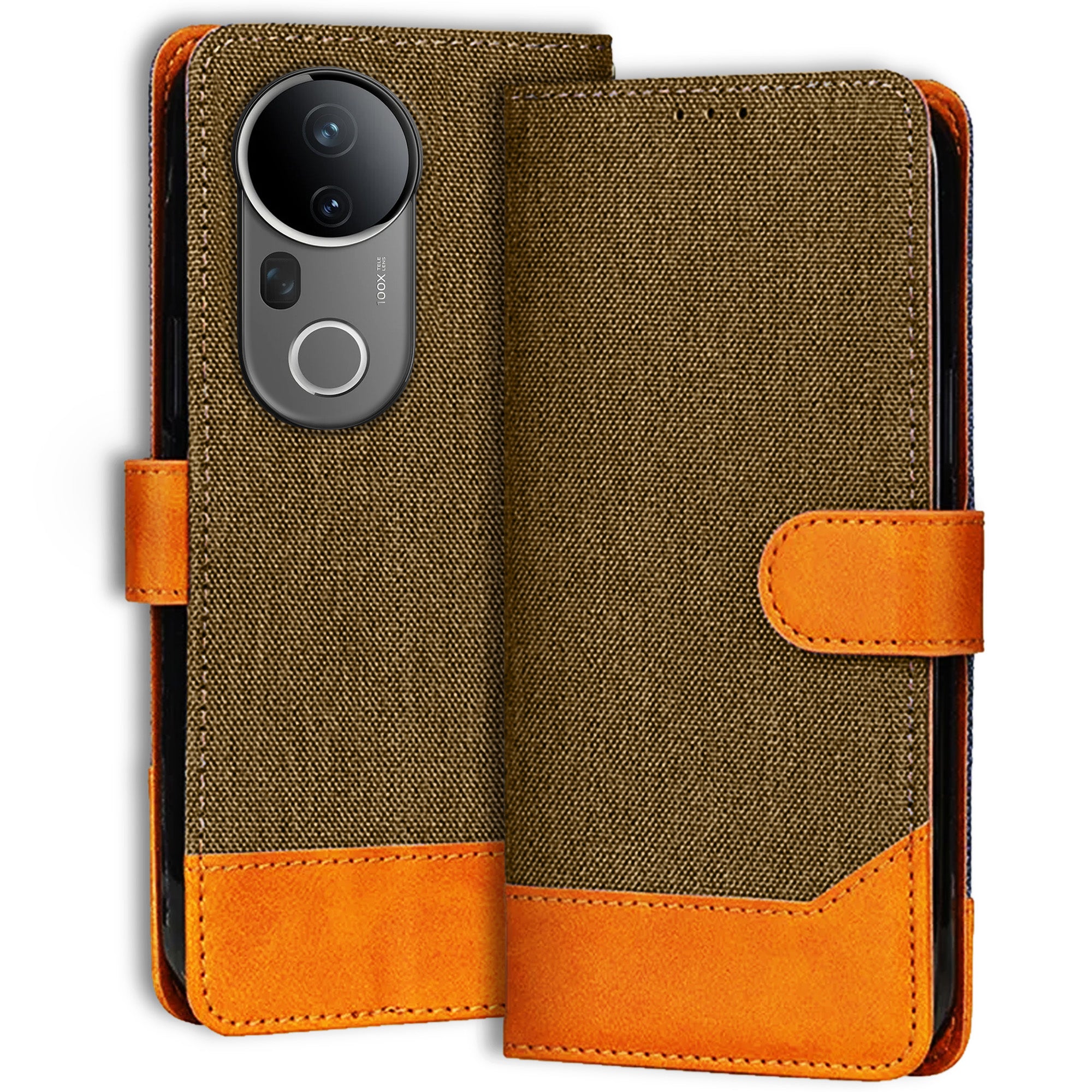Accesorios Vivo T4 Ultra 5G denim flip cover – Dark Brown – Image 1 #color_dark brown