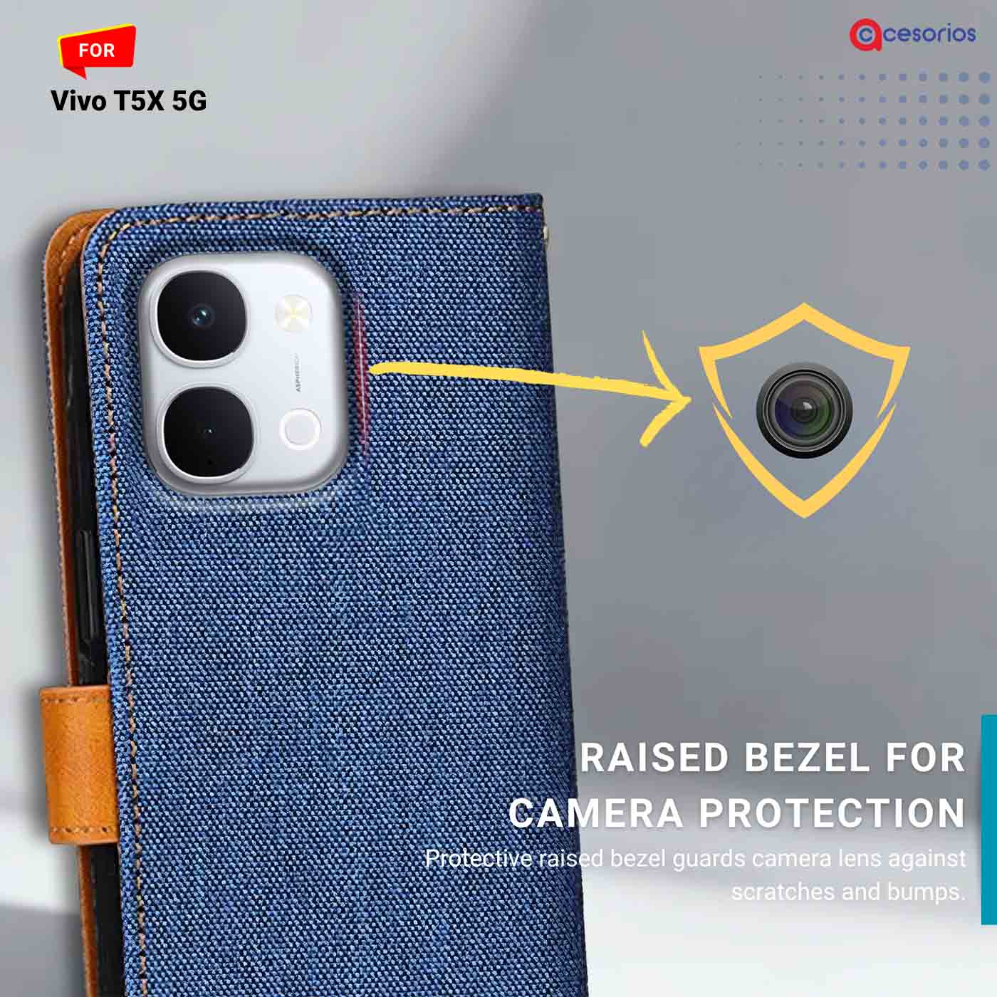 Denim & Leather back panel — Vivo T5X in Blue mobile case