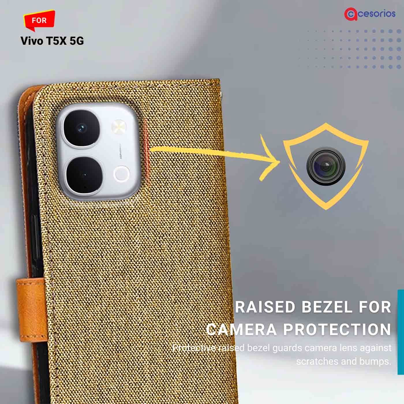 Denim & Leather back panel — Vivo T5X in Light Brown mobile case