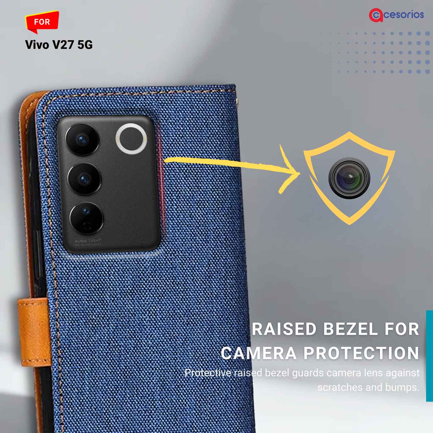 Denim & Leather back panel — Vivo V27 5G in Blue mobile case