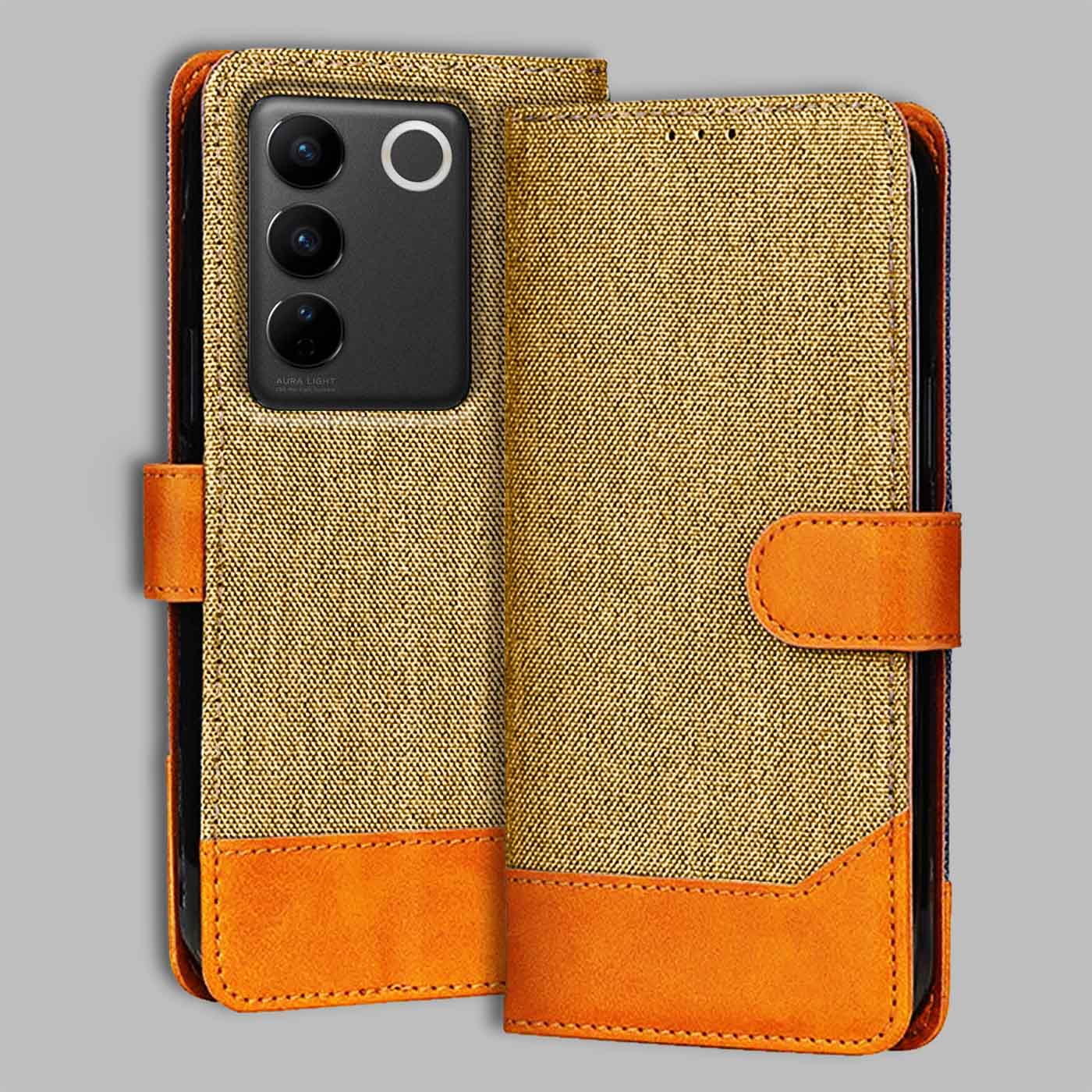 Accesorios Vivo V27 5G denim flip cover – Light Brown – Image 1 #color_light b