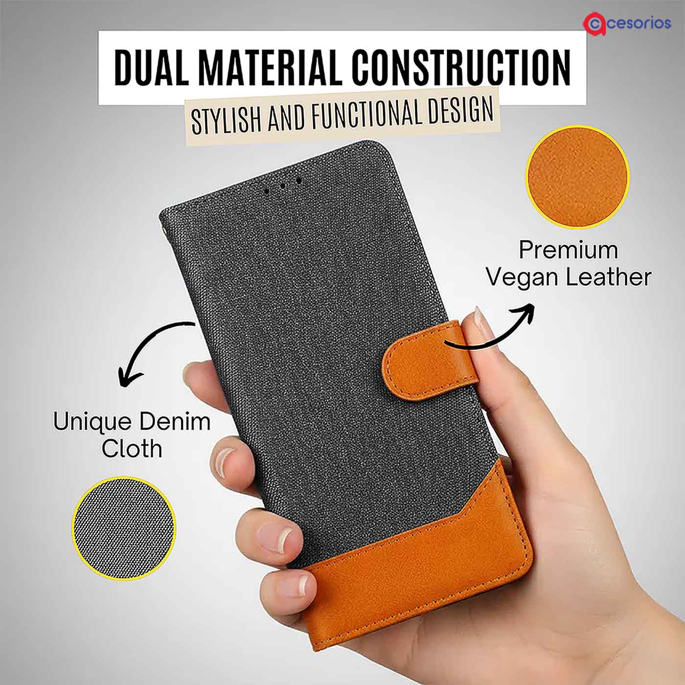Accesorios Vivo V30E denim flip cover – Grey – Image 3 #color_
