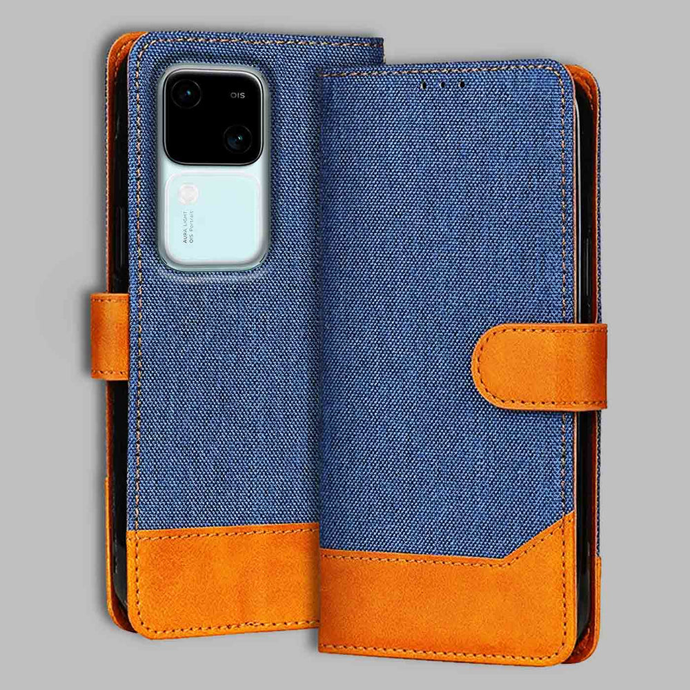 Vivo V30 5G flip cover in Blue — front view by Accesorios