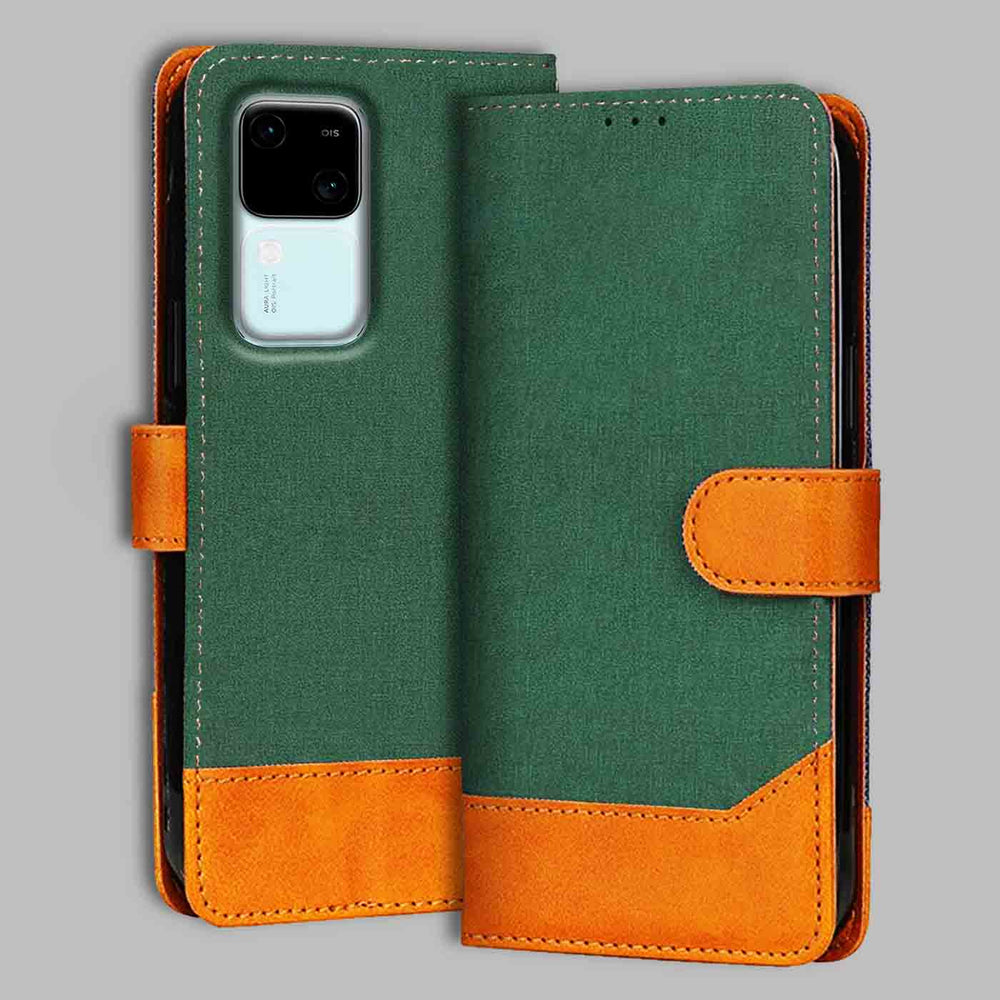 Vivo V30 5G flip cover in Green — front view by Accesorios
