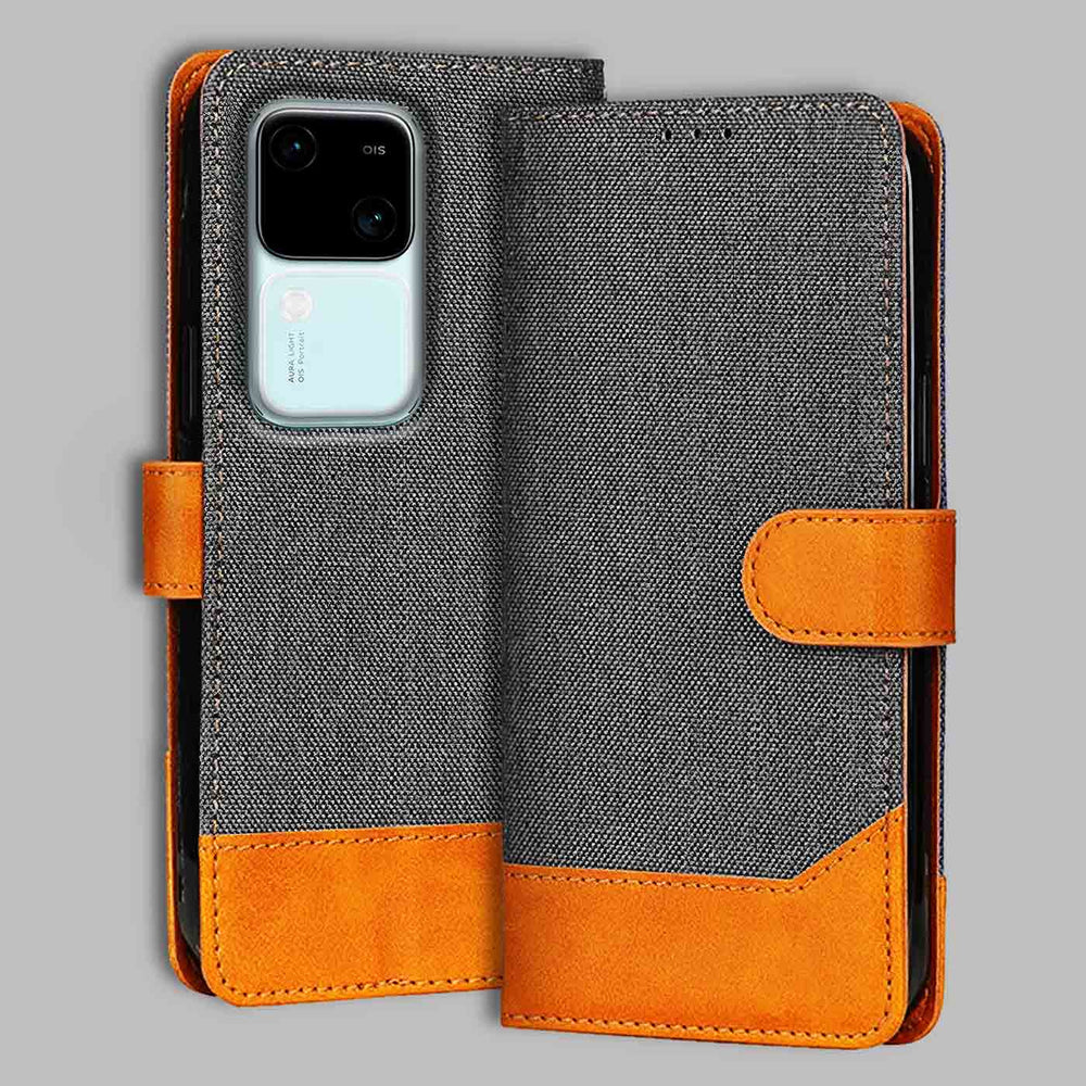 Vivo V30 5G flip cover in Grey — front view by Accesorios