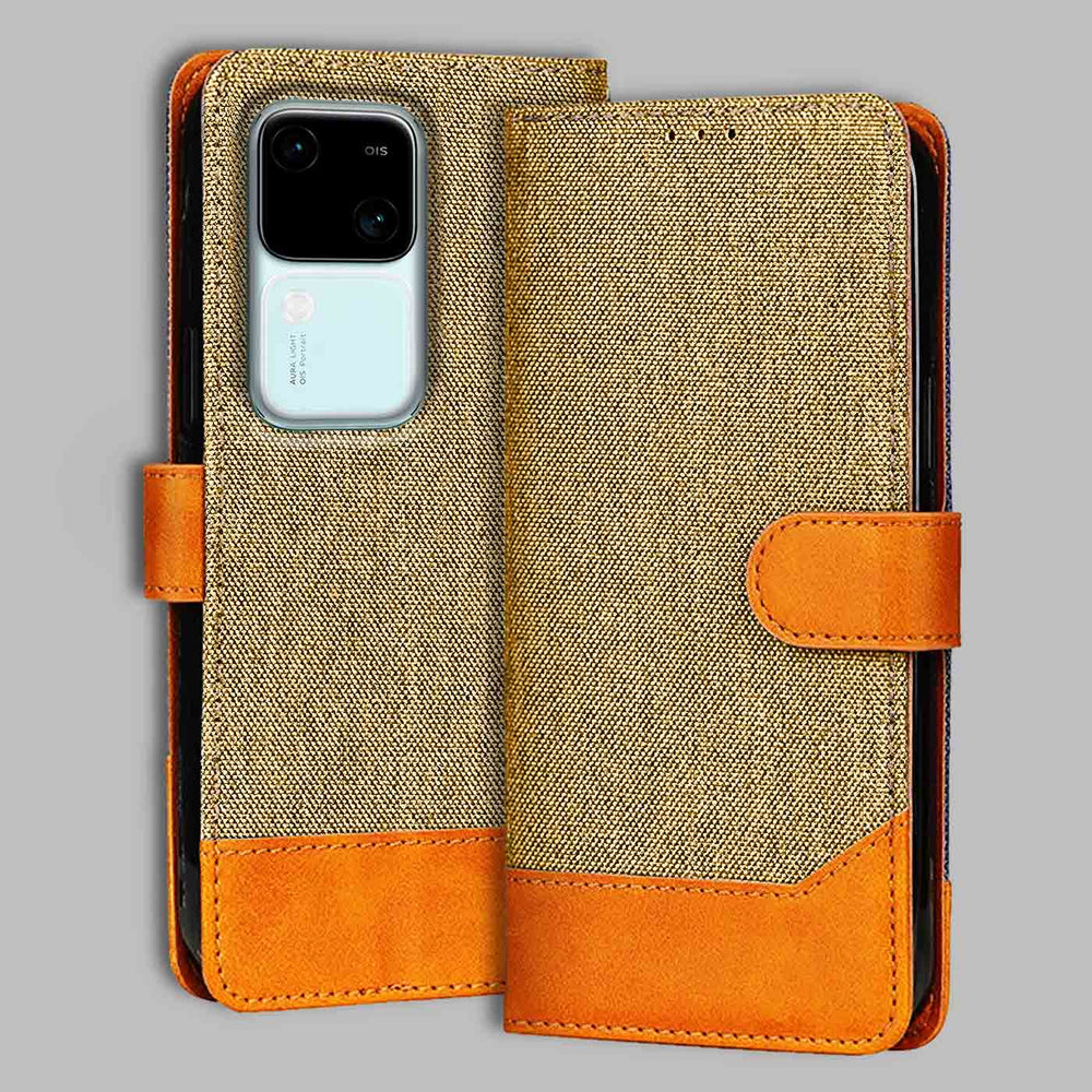 Vivo V30 5G flip cover in Light Brown — front view by Accesorios