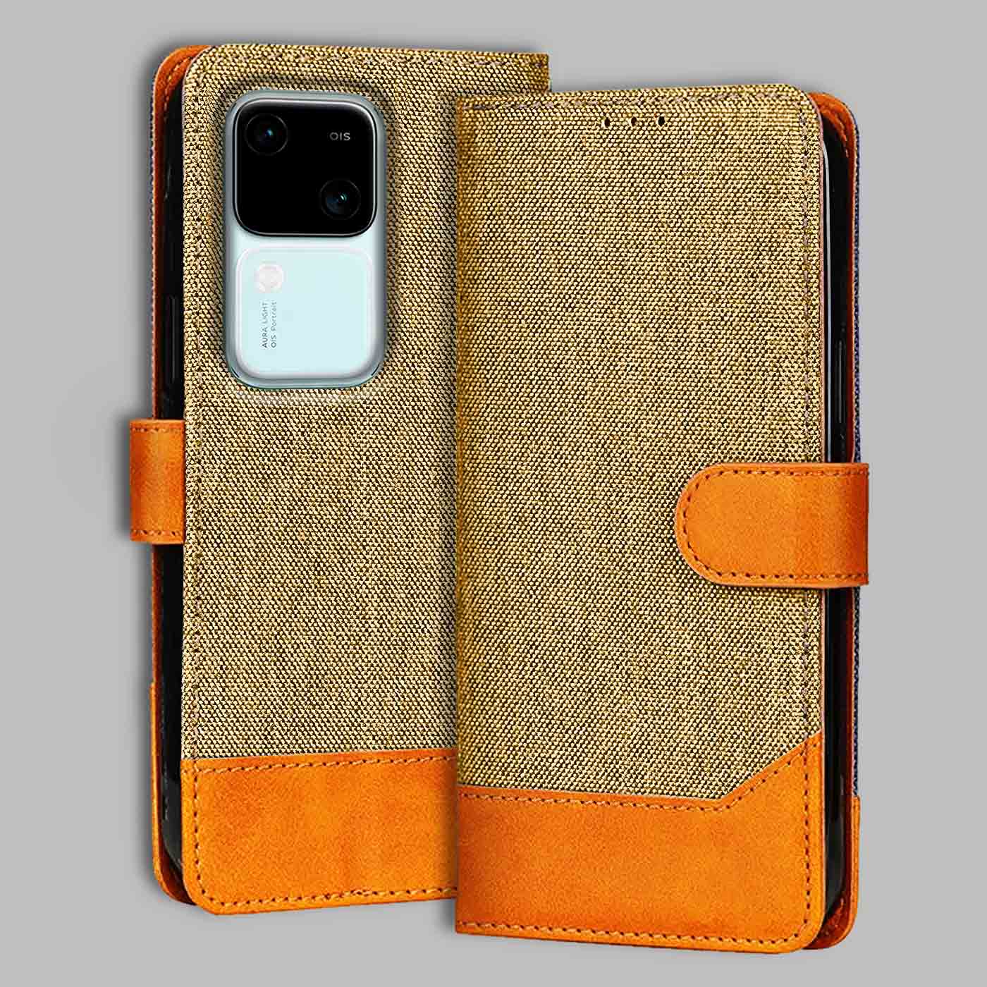 Accesorios Vivo V30 5G denim flip cover – Light Brown – Image 1 #color_light b