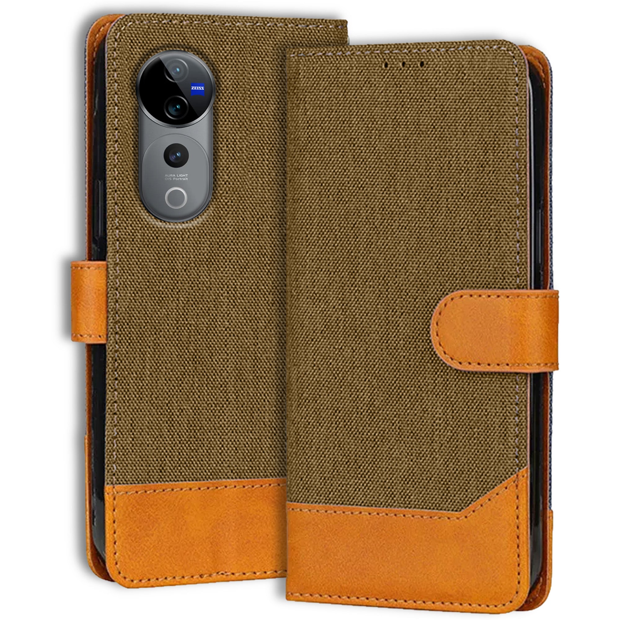 Accesorios Vivo V40 5G denim flip cover – Dark Brown – Image 1 #color_dark brown
