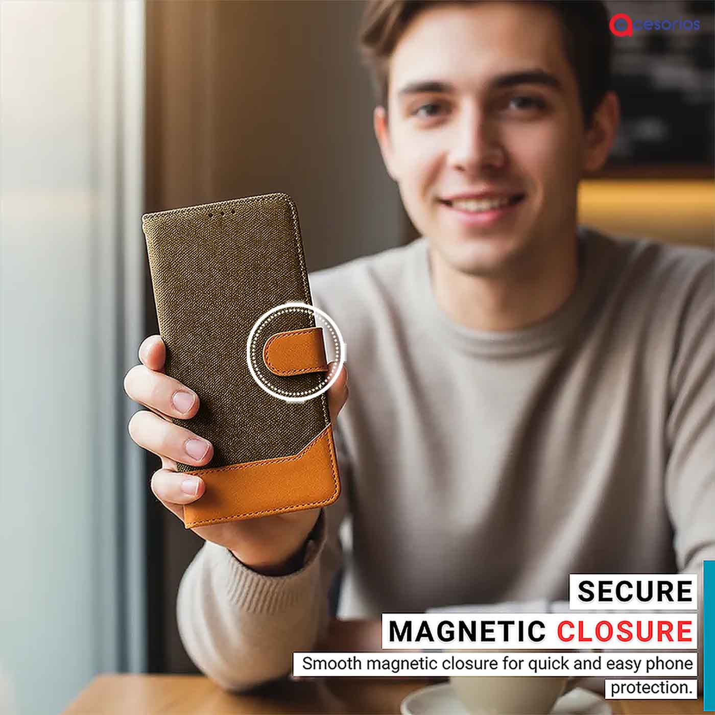 Hand holding Vivo V40 5G in Dark Brown flip cover with magnetic closure