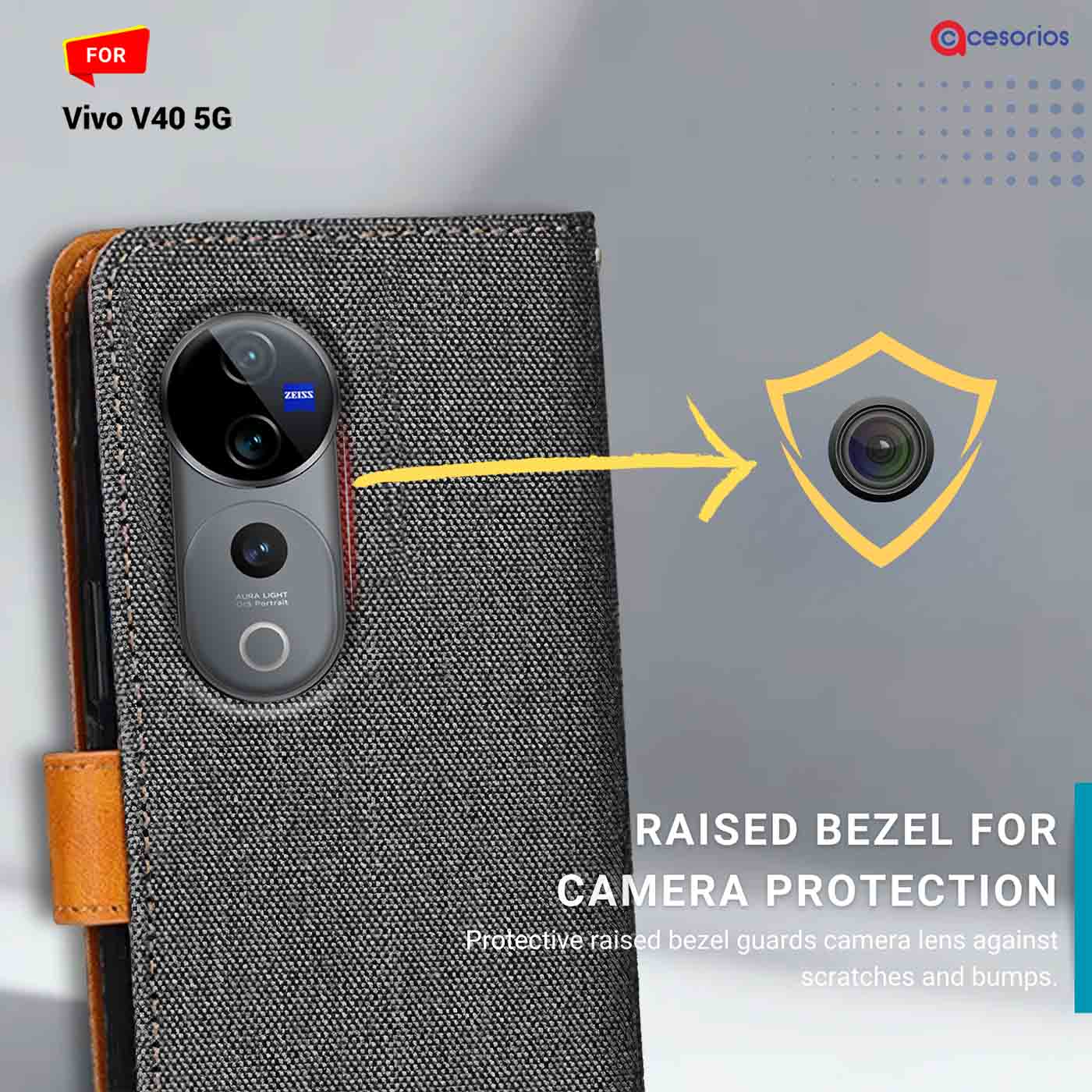 Accesorios Vivo V40 5G denim flip cover – Grey – Image 2 #color_