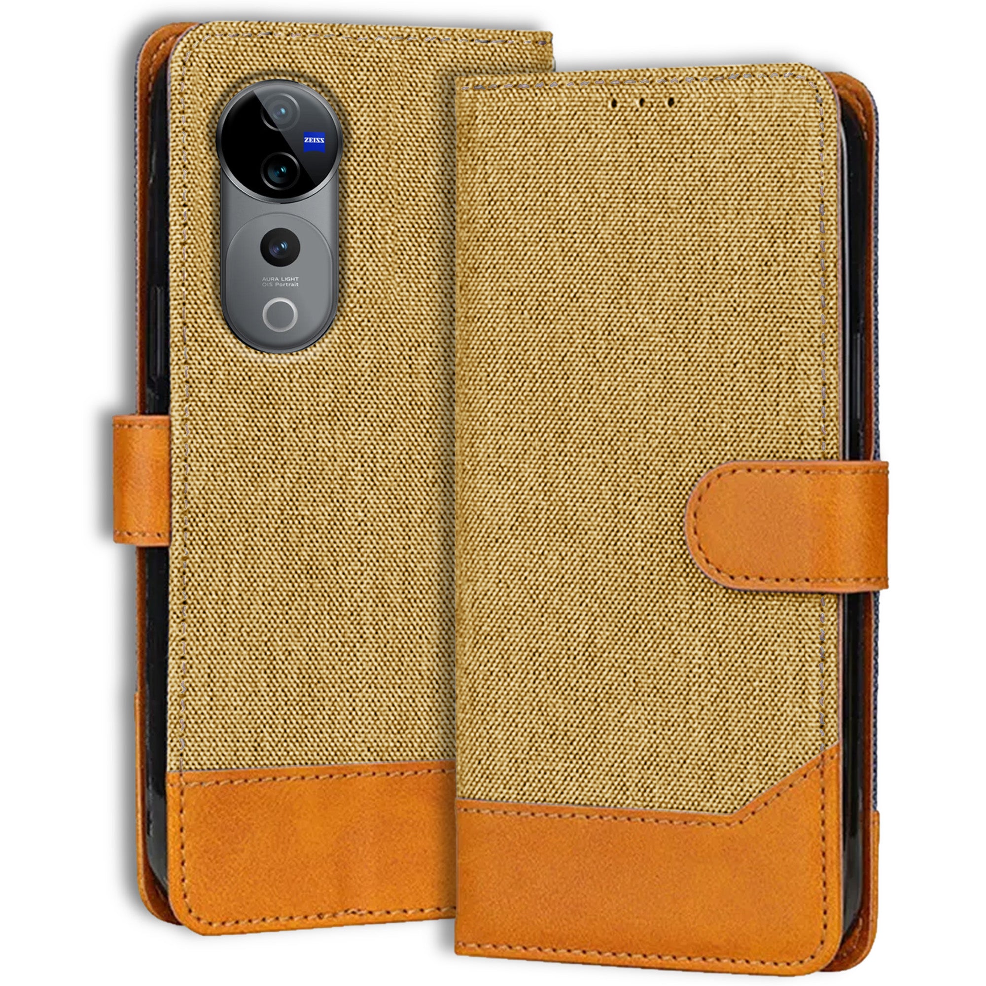 Accesorios Vivo V40 5G denim flip cover – Light Brown – Image 1 #color_light brown