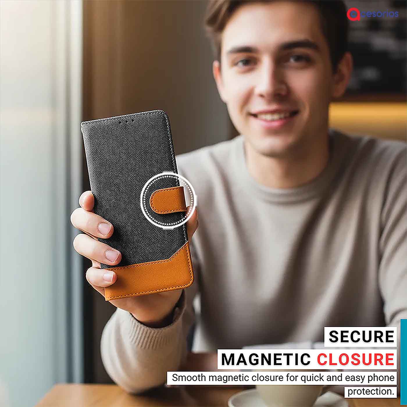 Hand holding Vivo V40 Pro 5G in Grey flip cover with magnetic closure