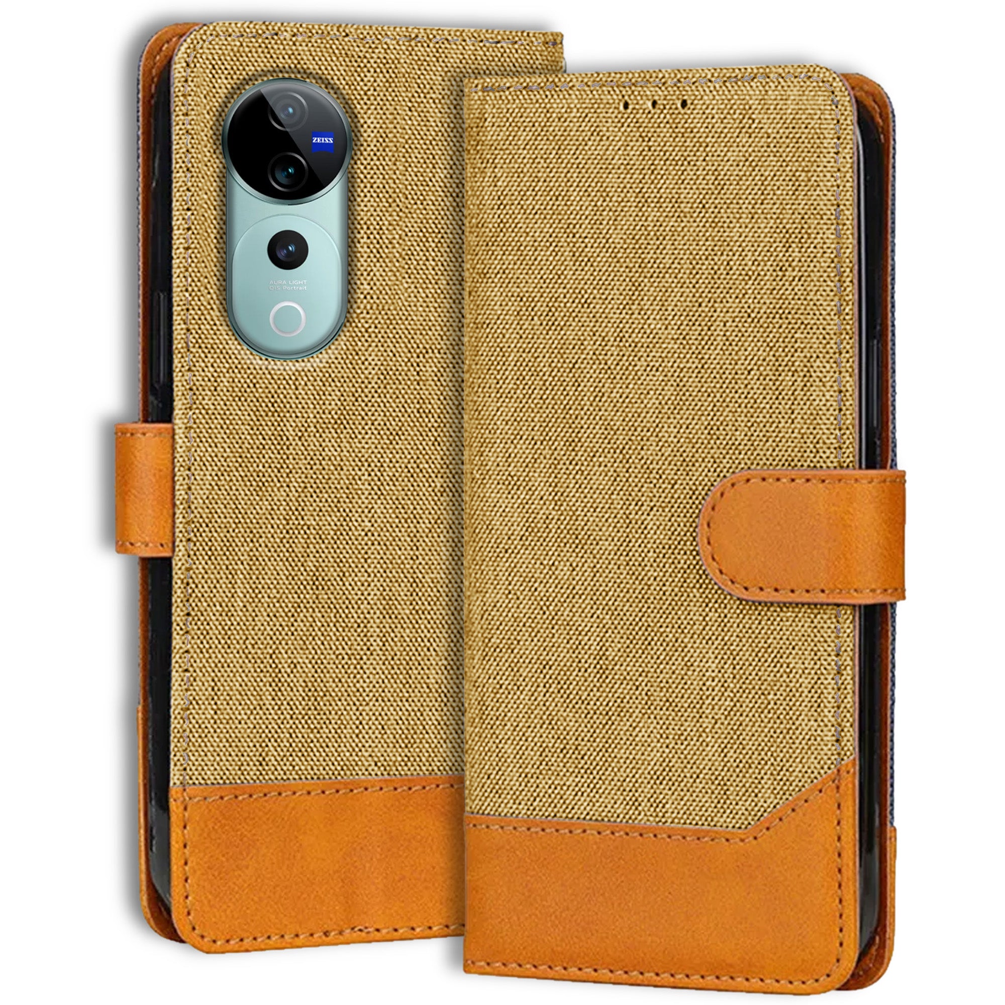Accesorios Vivo V40 Pro denim flip cover – Light Brown – Image 1 #color_light brown