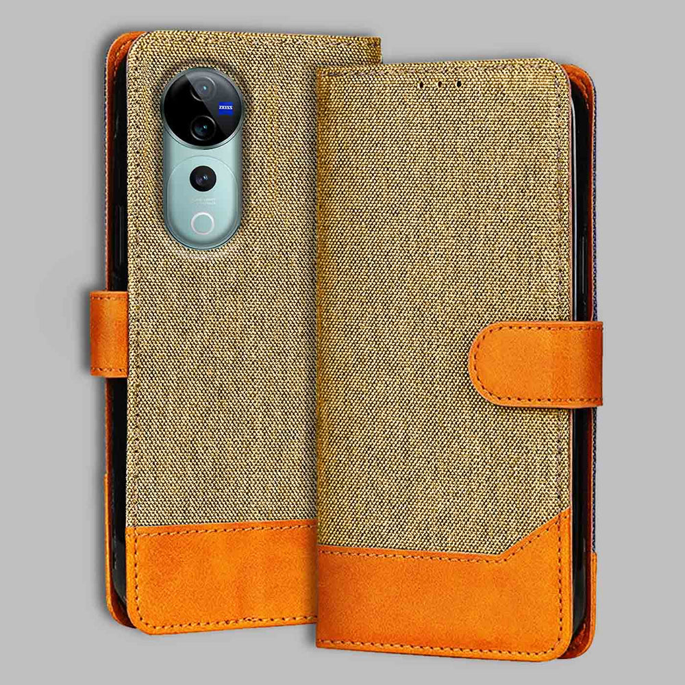 Vivo V40 Pro 5G flip cover in Light Brown — front view by Accesorios