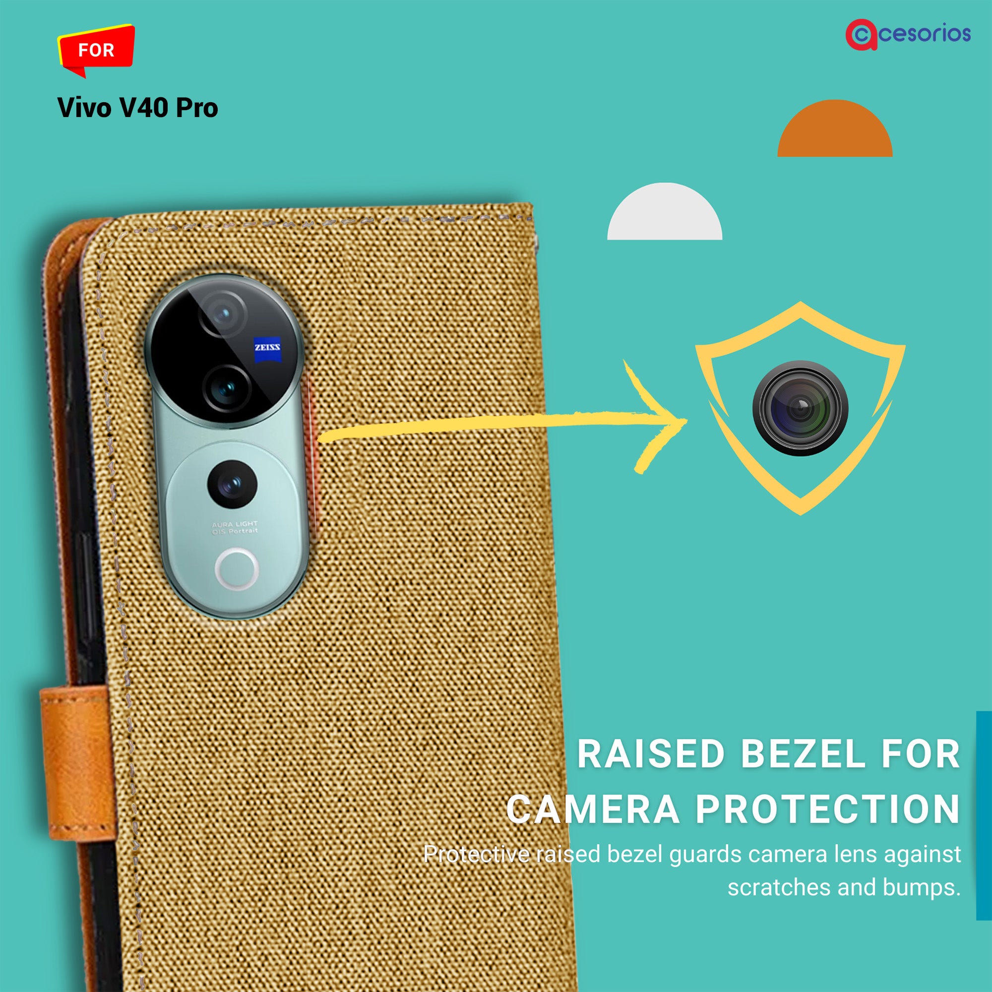 Accesorios Vivo V40 Pro denim flip cover – Light Brown – Image 2 #color_light brown