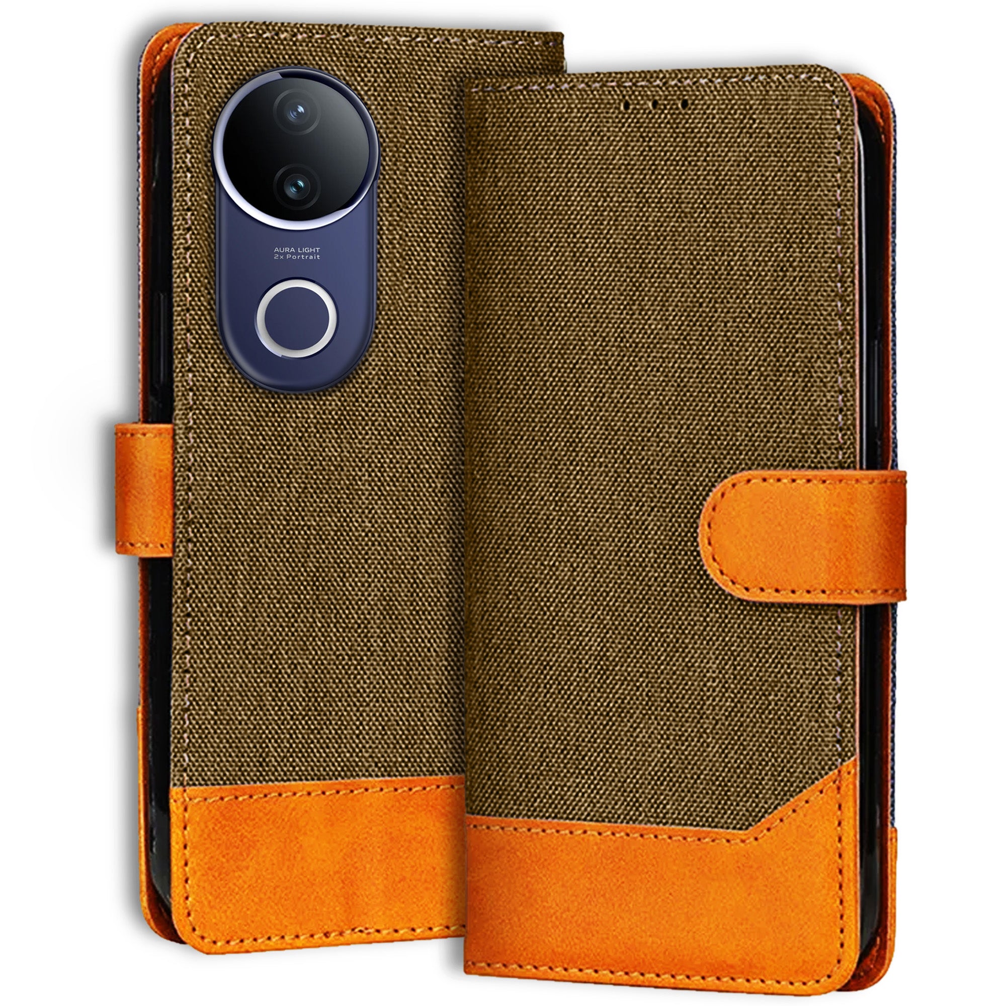 Accesorios Vivo V50E 5G denim flip cover – Dark Brown – Image 1 #color_dark brown
