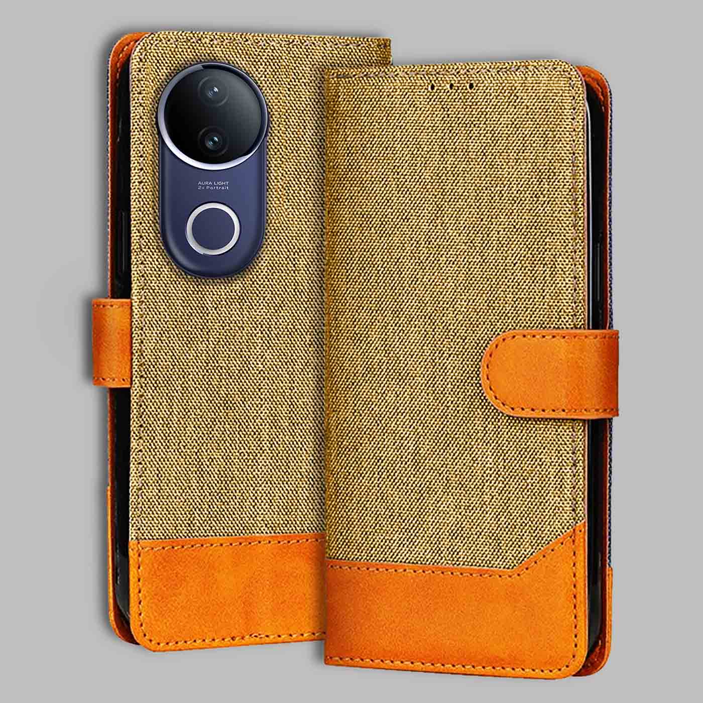 Vivo V50E 5G flip cover in Light Brown — front view by Accesorios