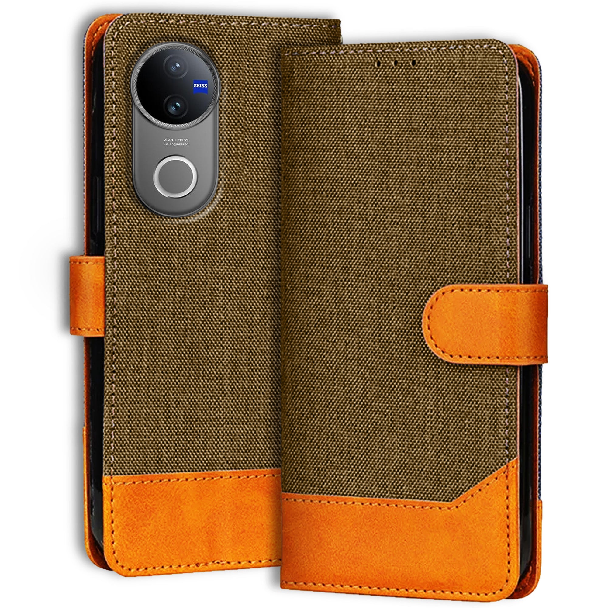 Accesorios Vivo V50 5G denim flip cover – Dark Brown – Image 1 #color_dark brown