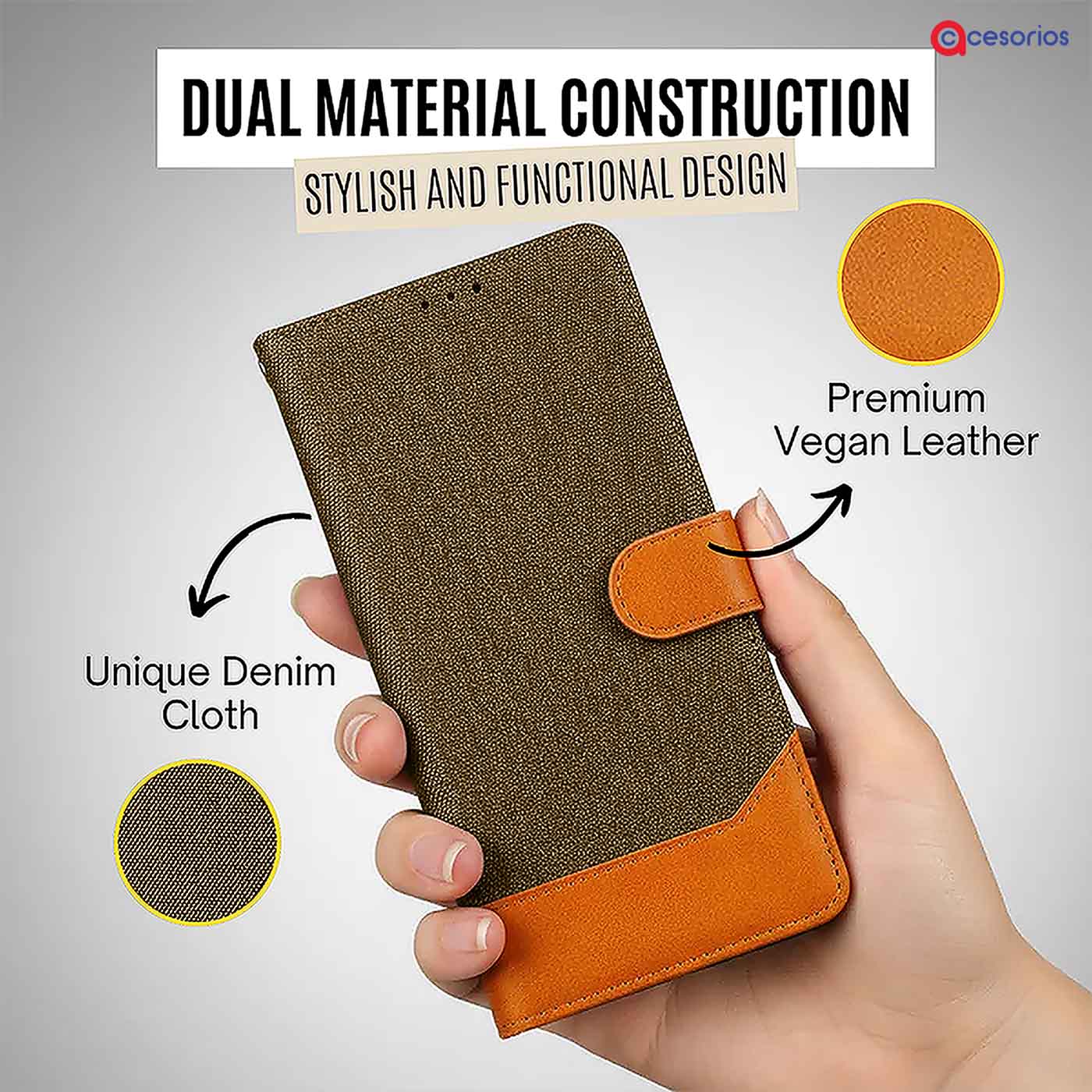 Accesorios Vivo V50 5G denim flip cover – Dark Brown – Image 3 #color_dark b