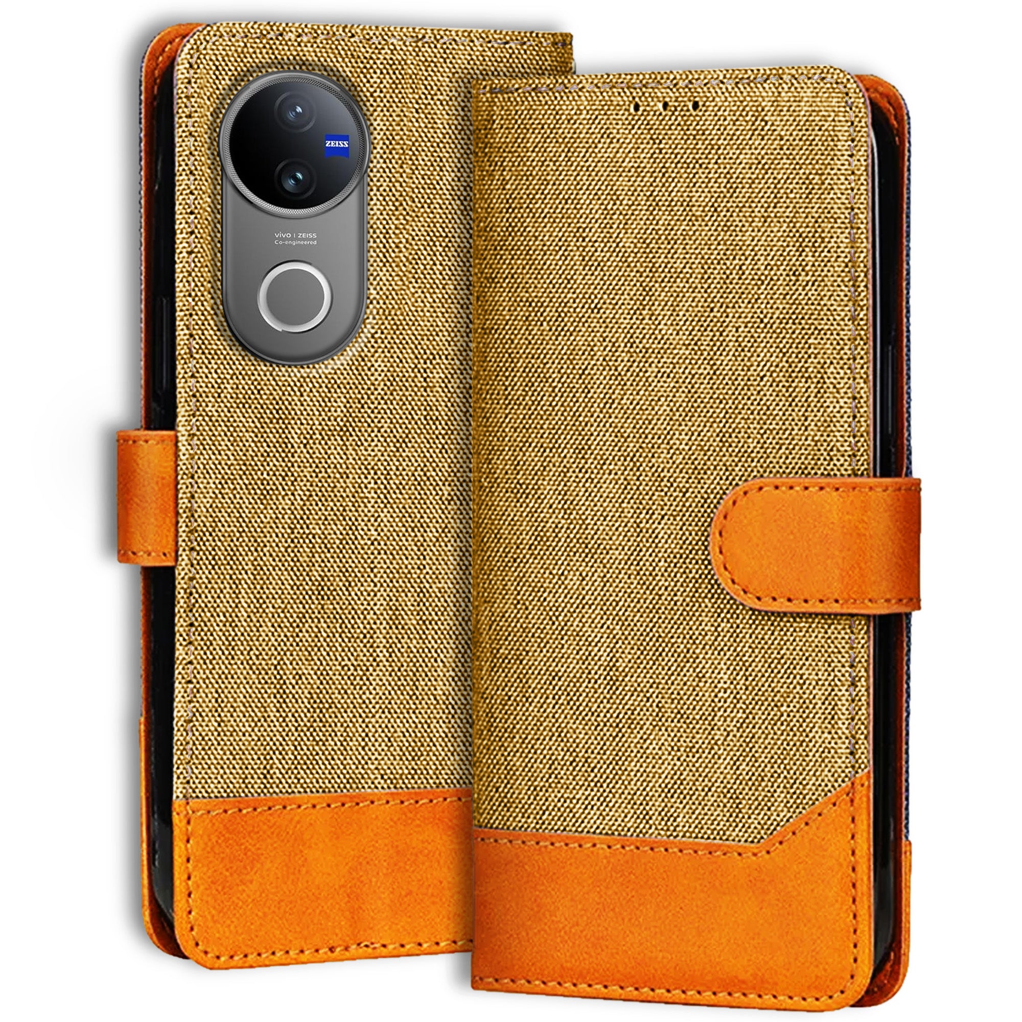 Accesorios Vivo V50 5G denim flip cover – Light Brown – Image 1 #color_light brown