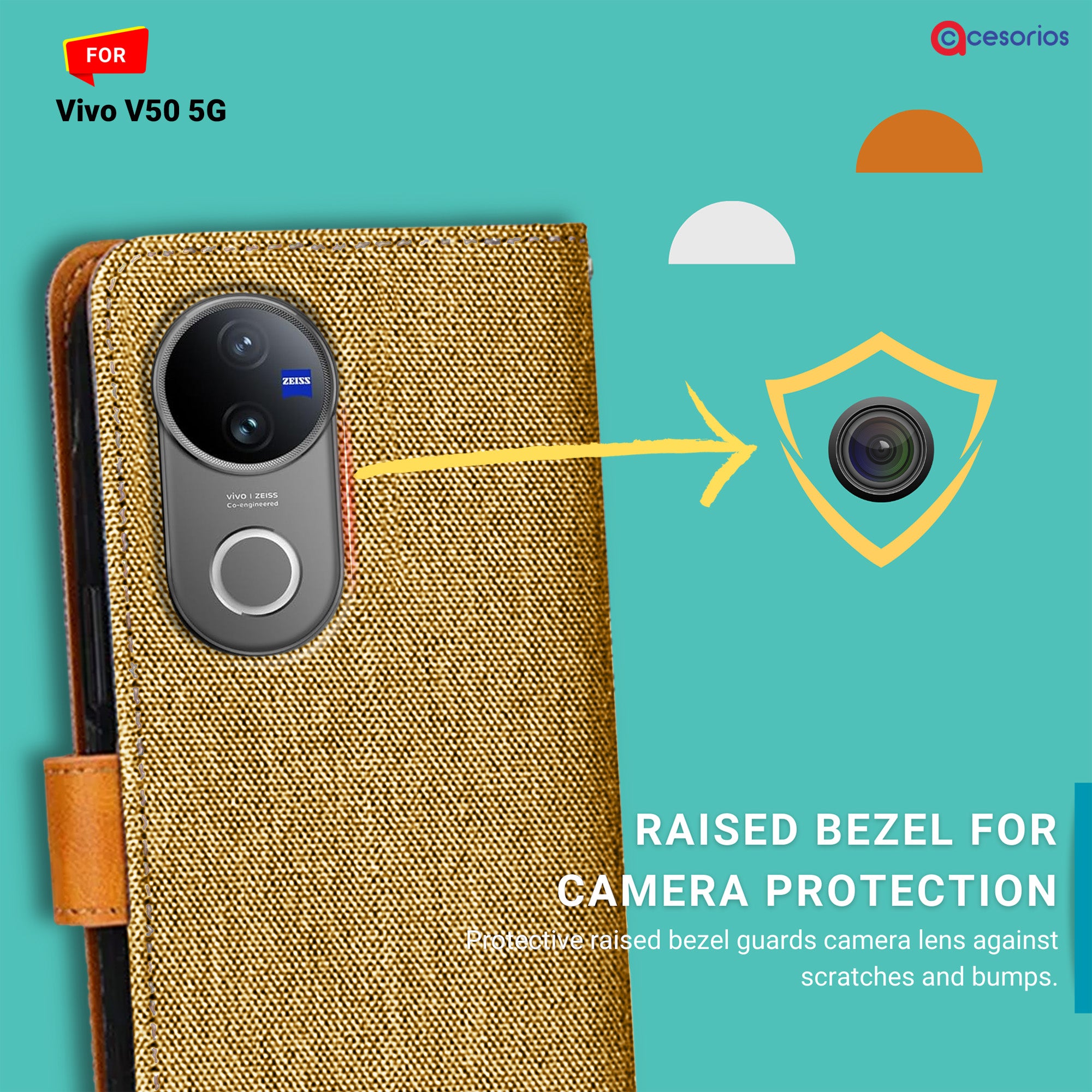 Accesorios Vivo V50 5G denim flip cover – Light Brown – Image 2 #color_light brown