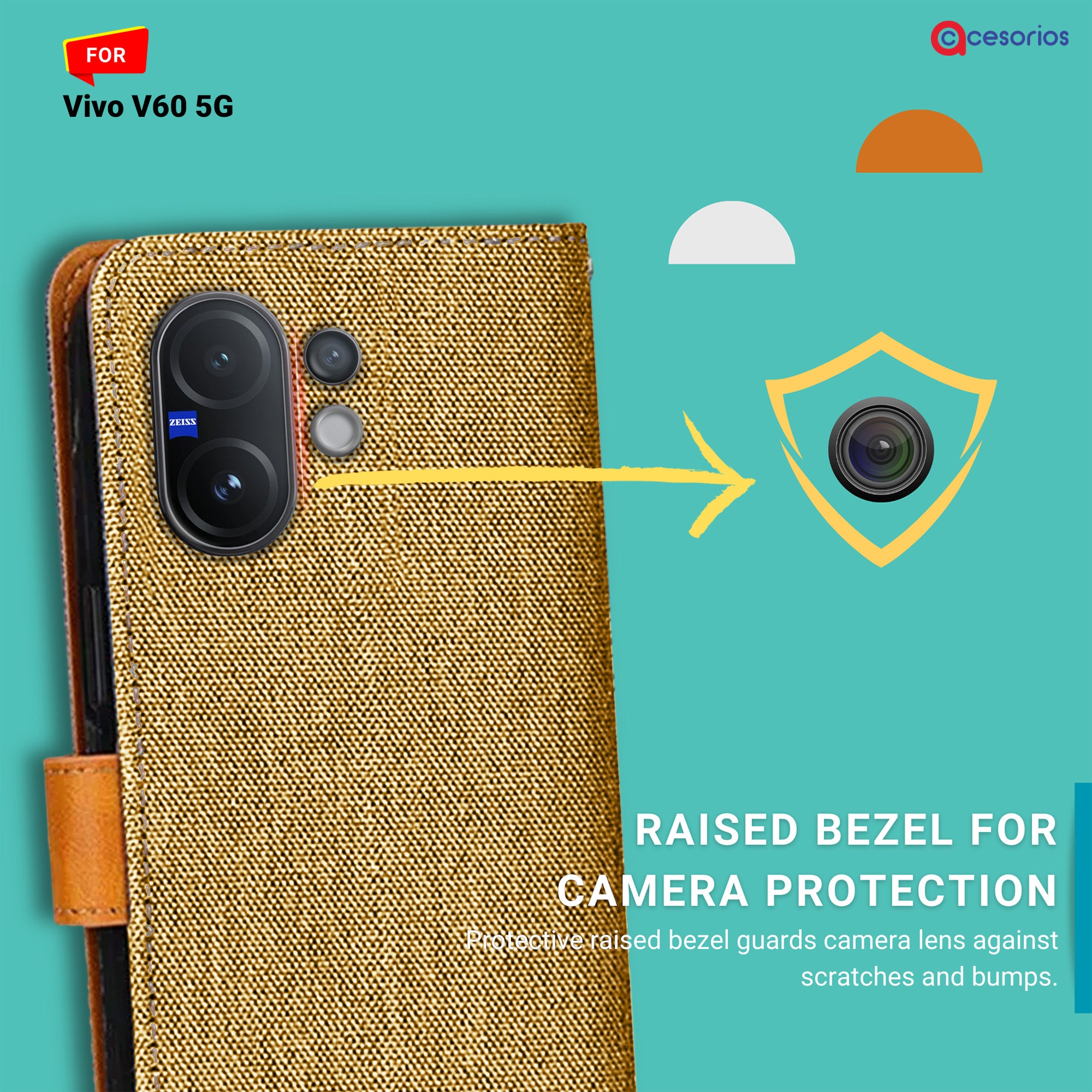 Accesorios Vivo V60 5G denim flip cover – Light Brown – Image 2 #color_light brown