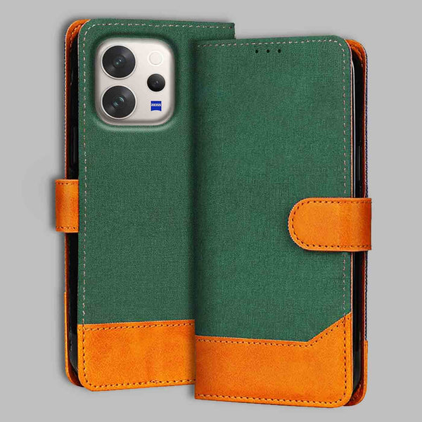 Vivo V70 Flip Cover — Chambray, Forest Green after a year of daily use