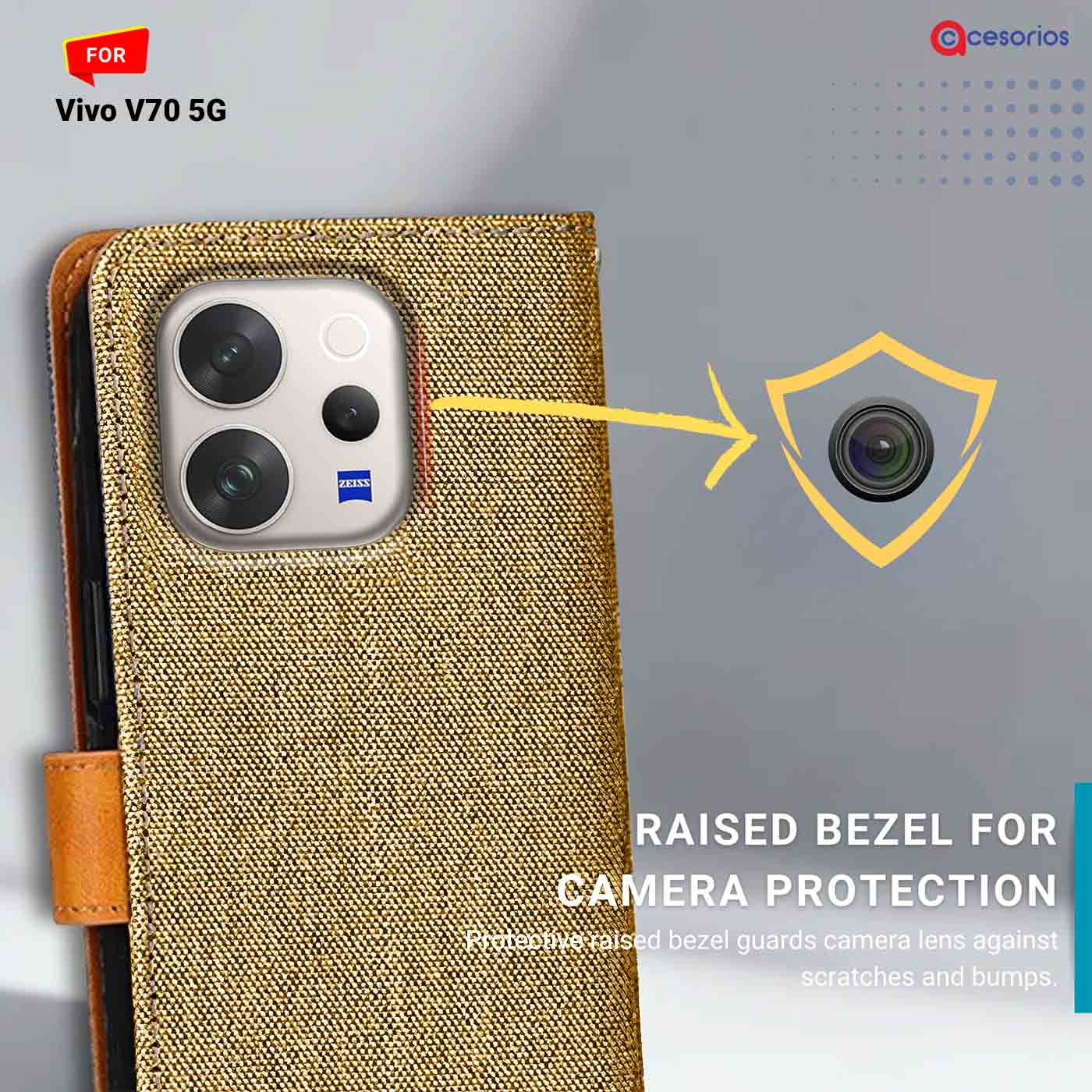 Denim & Leather back panel — Vivo V70 in Light Brown mobile case
