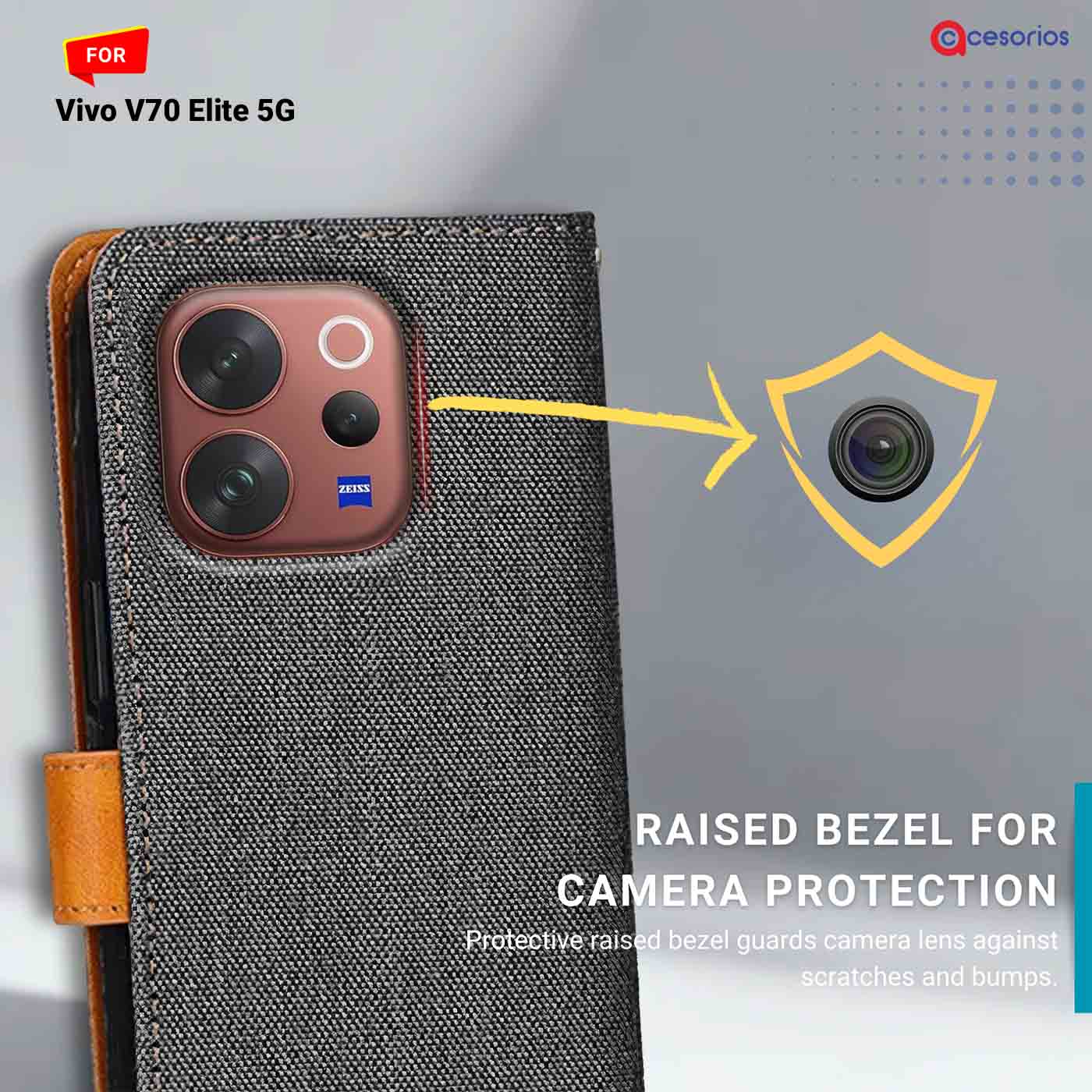 Accesorios Vivo V70 Elite 5G denim flip cover – Grey – Image 2 #color_