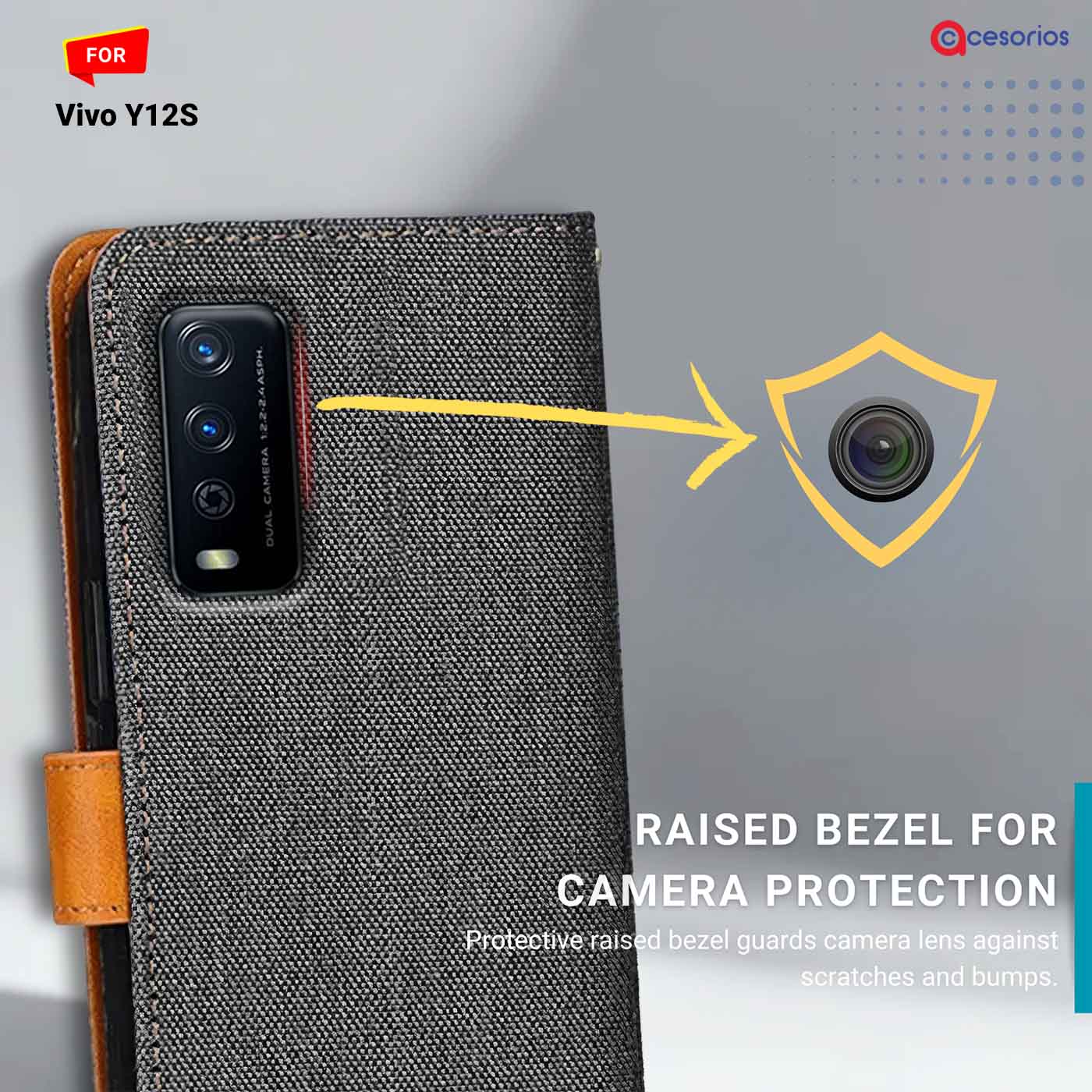Accesorios Vivo Y12S denim flip cover – Grey – Image 2 #color_