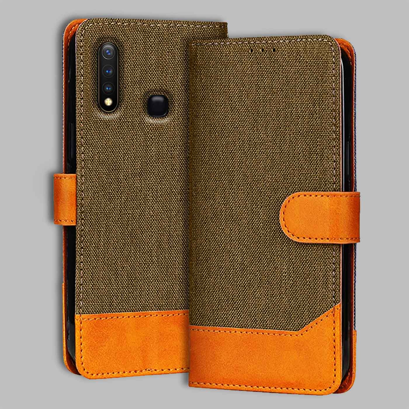 Accesorios Vivo Y19 denim flip cover – Dark Brown – Image 1 #color_dark b