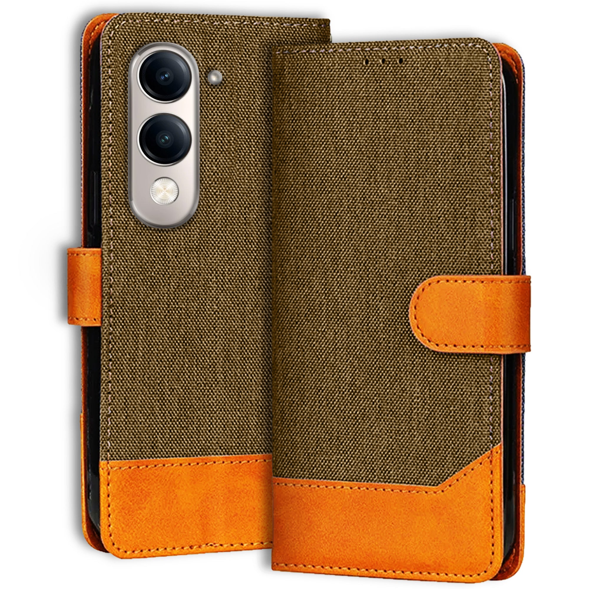 Accesorios Vivo Y19E 5G denim flip cover – Dark Brown – Image 1 #color_dark brown