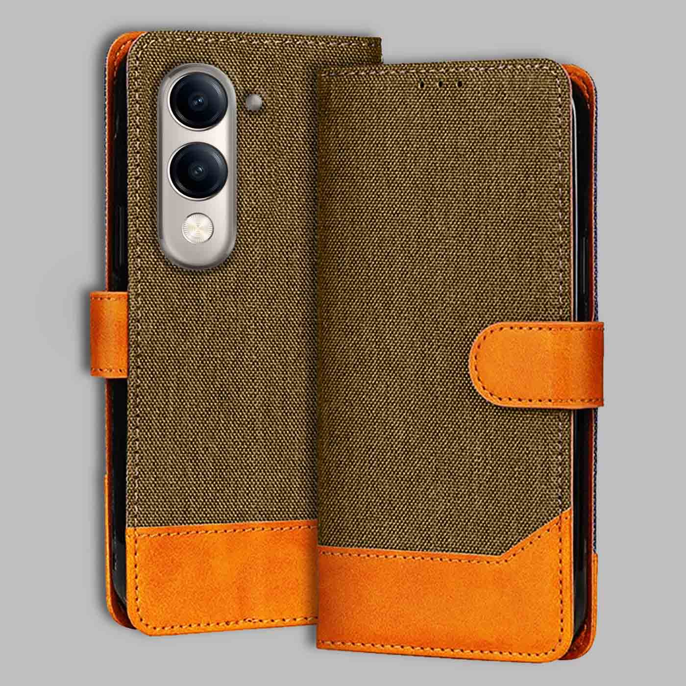 Accesorios Vivo Y19E 5G denim flip cover – Dark Brown – Image 1 #color_dark b