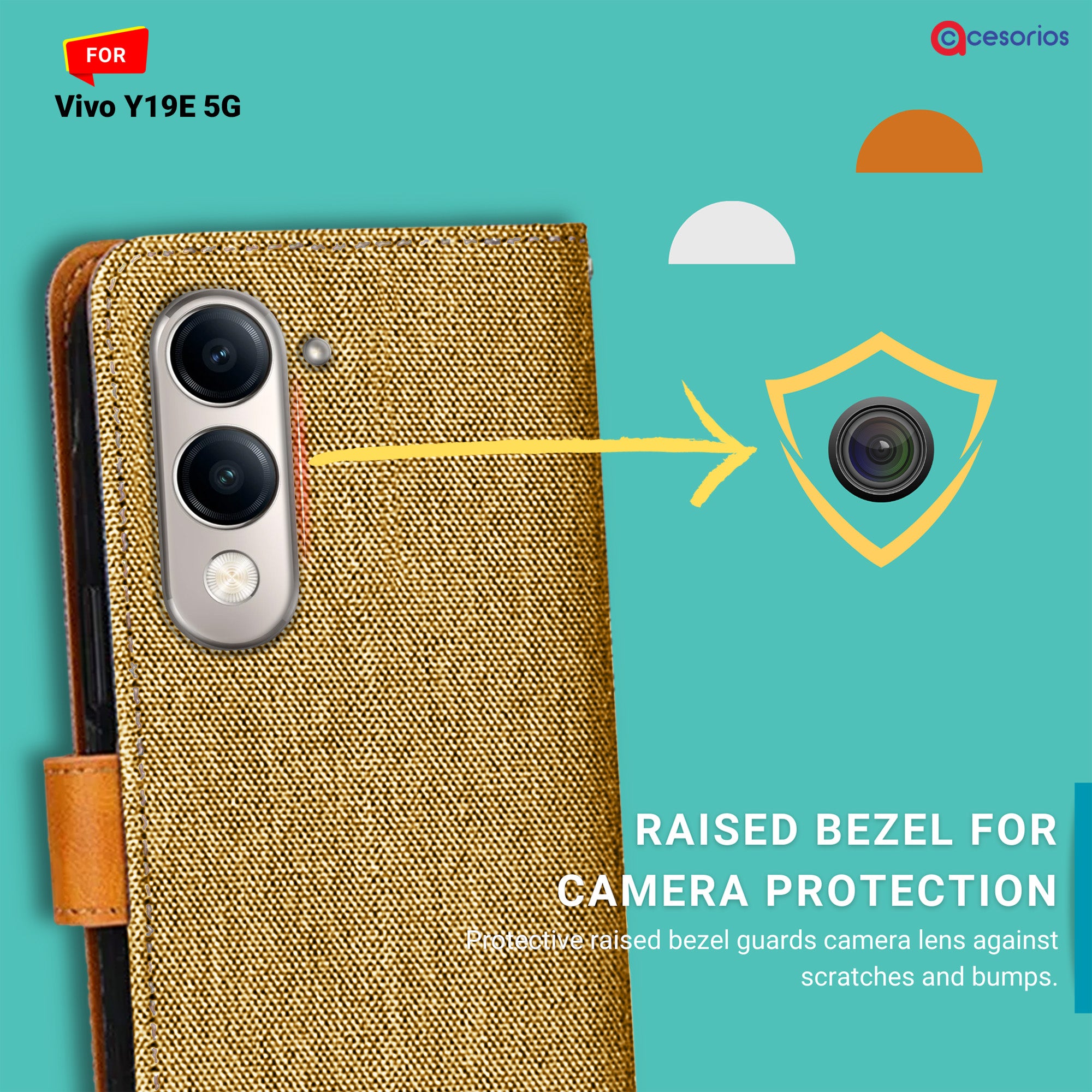 Accesorios Vivo Y19E 5G denim flip cover – Light Brown – Image 2 #color_light brown