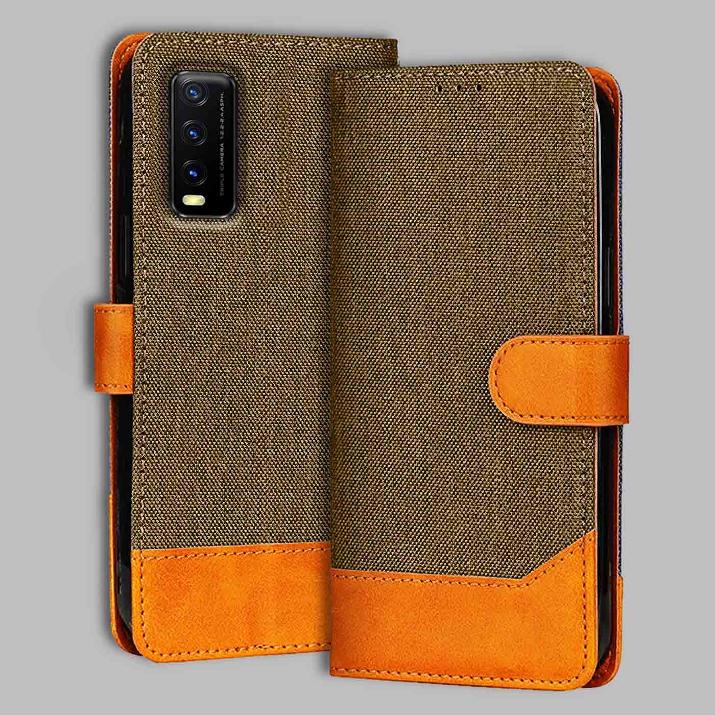 Accesorios Vivo Y20 denim flip cover – Dark Brown – Image 1 #color_dark b