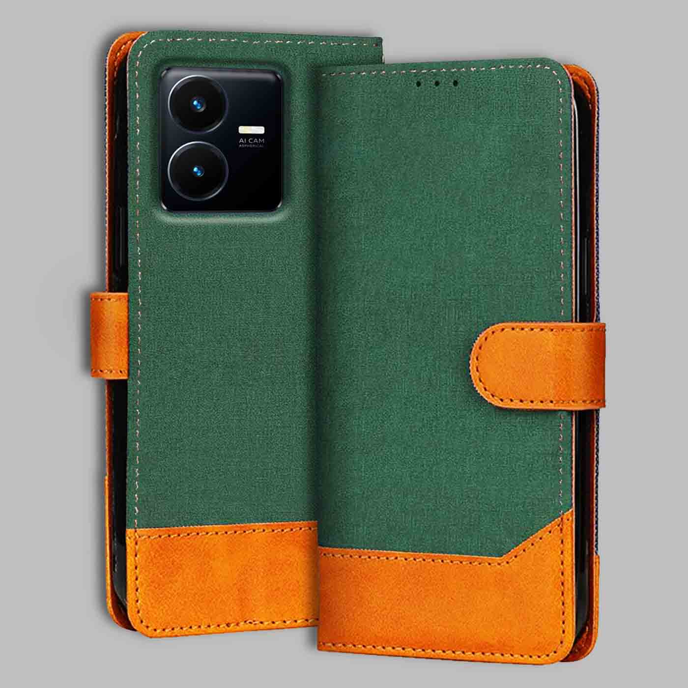 Vivo Y22 flip cover in Green — front view by Accesorios