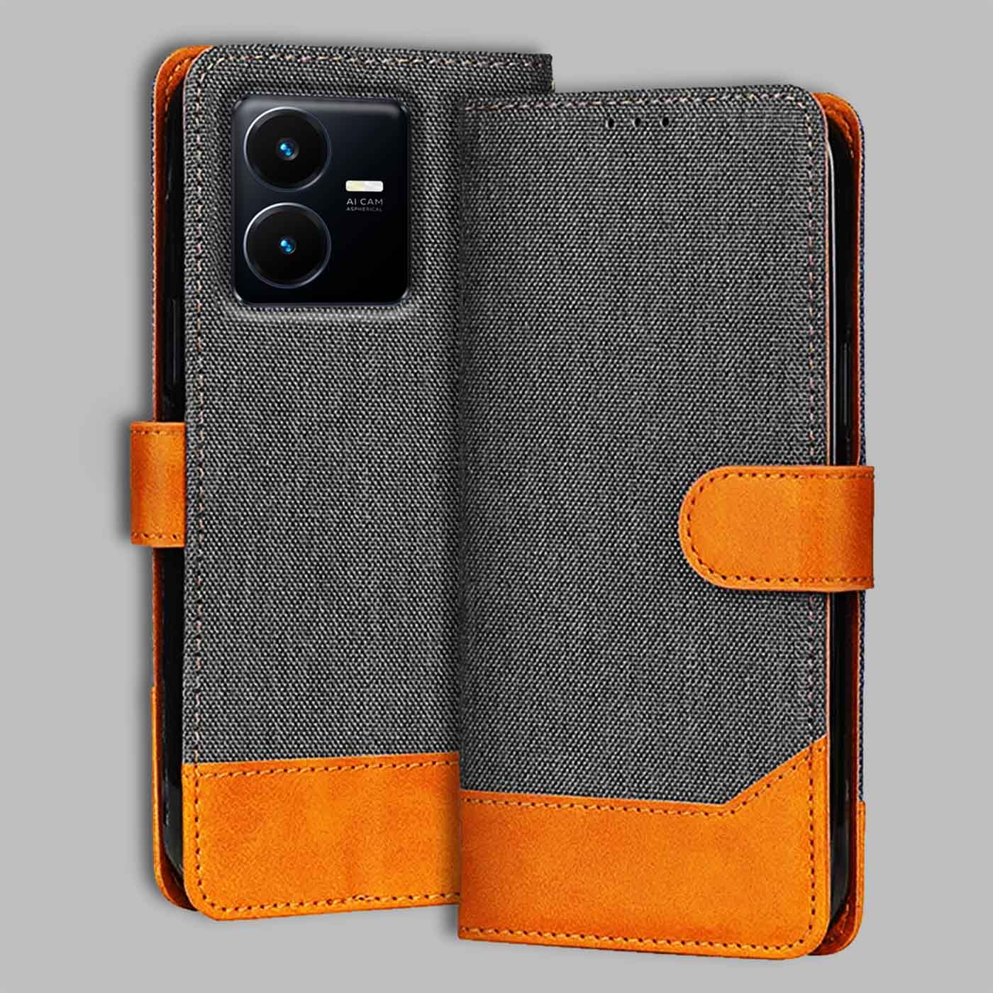 Vivo Y22 flip cover in Grey — front view by Accesorios
