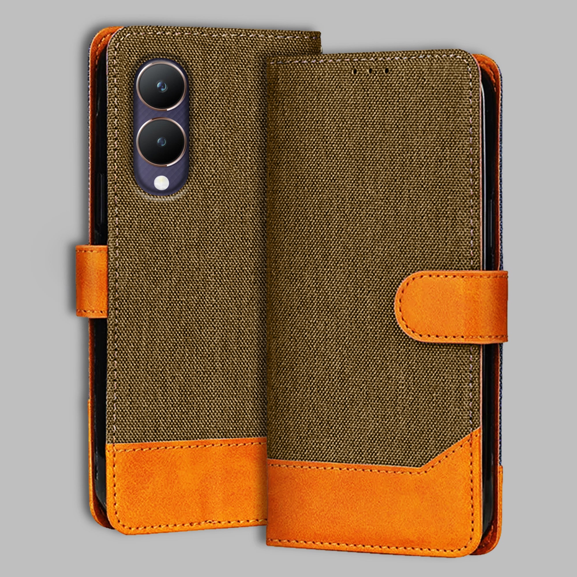 Accesorios Vivo Y28 denim flip cover – Dark Brown – Image 1 #color_dark b