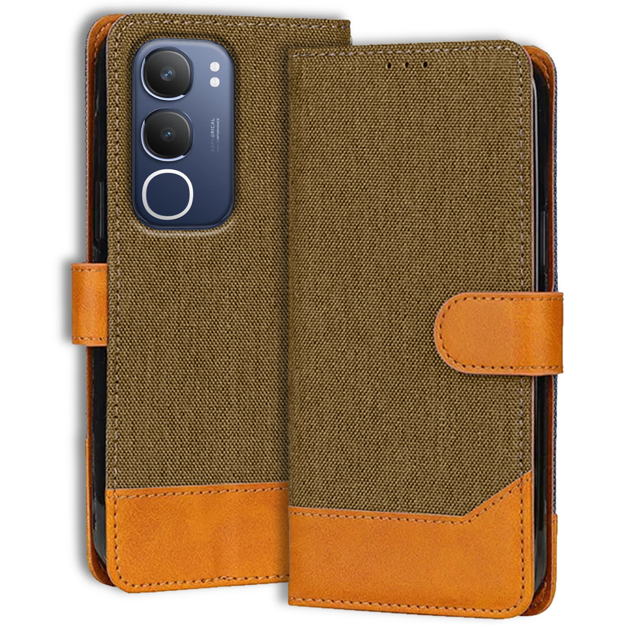 Accesorios Vivo Y29 5G denim flip cover – Dark Brown – Image 1 #color_dark brown