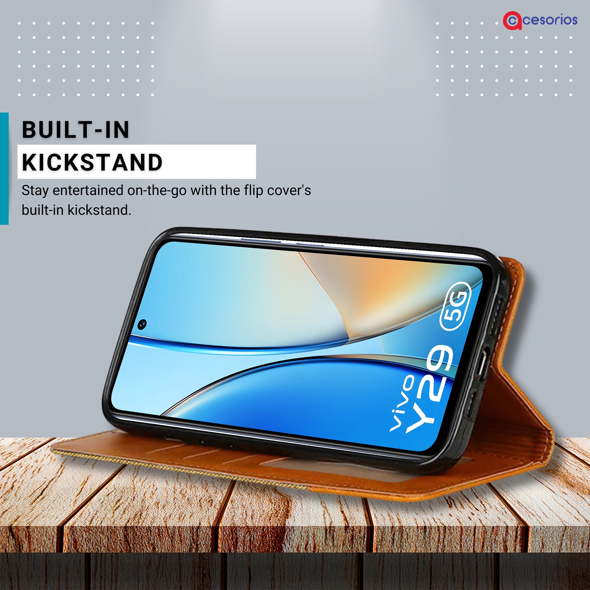 Accesorios Vivo Y29 5G denim flip cover – Light Brown – Image 4 #color_light brown