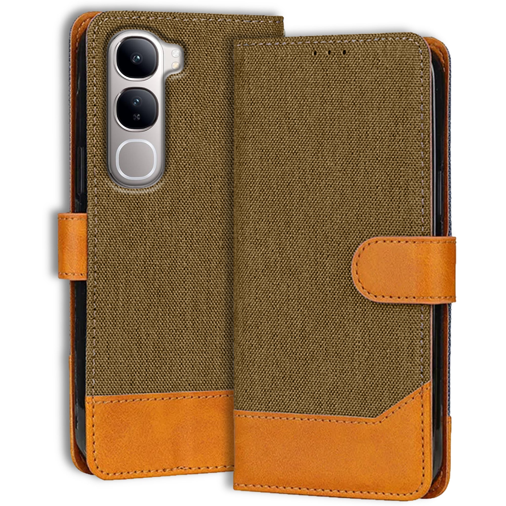 Accesorios Vivo Y300 5G denim flip cover – Dark Brown – Image 1 #color_dark brown