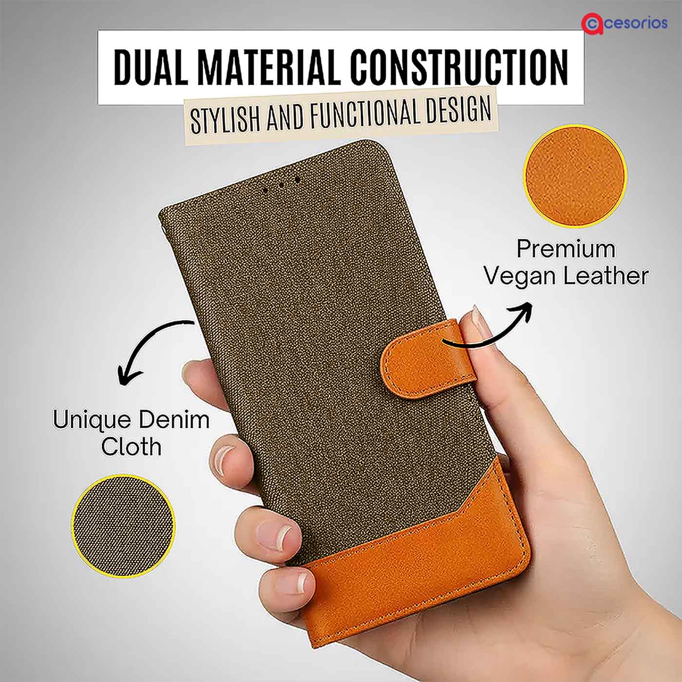 Accesorios Vivo Y300 5G denim flip cover – Dark Brown – Image 3 #color_dark b