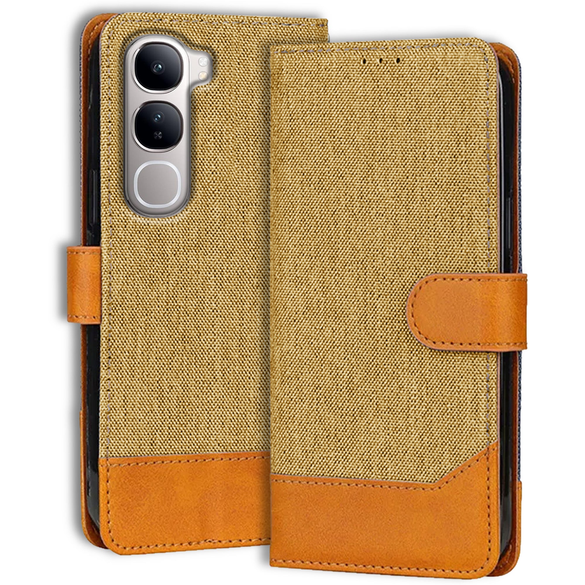 Accesorios Vivo Y300 5G denim flip cover – Light Brown – Image 1 #color_light brown