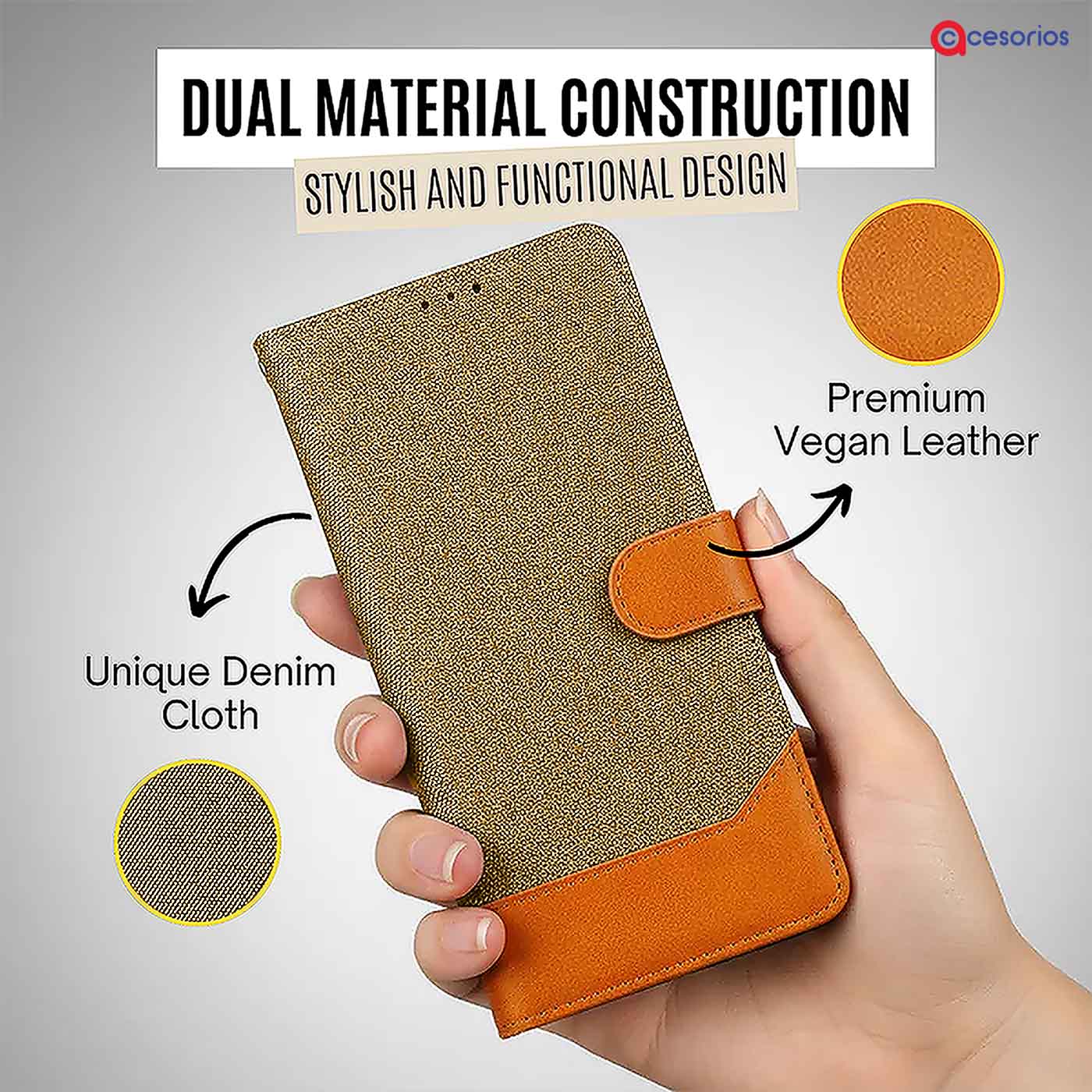 Accesorios Vivo Y300 5G denim flip cover – Light Brown – Image 3 #color_light b