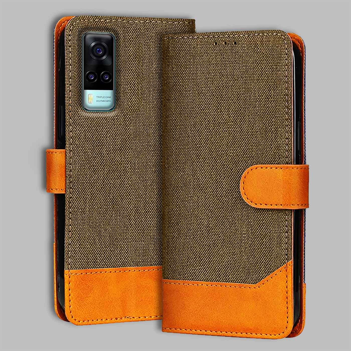 Accesorios Vivo Y31 denim flip cover – Dark Brown – Image 1 #color_dark b