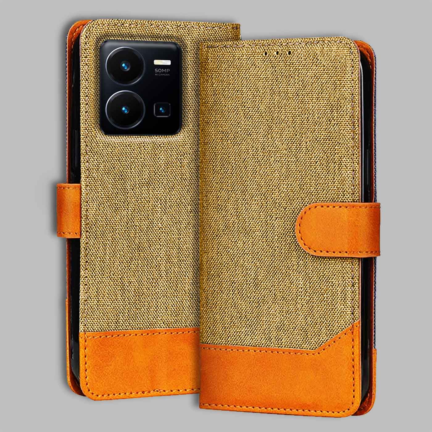 Vivo Y35 flip cover in Light Brown — front view by Accesorios