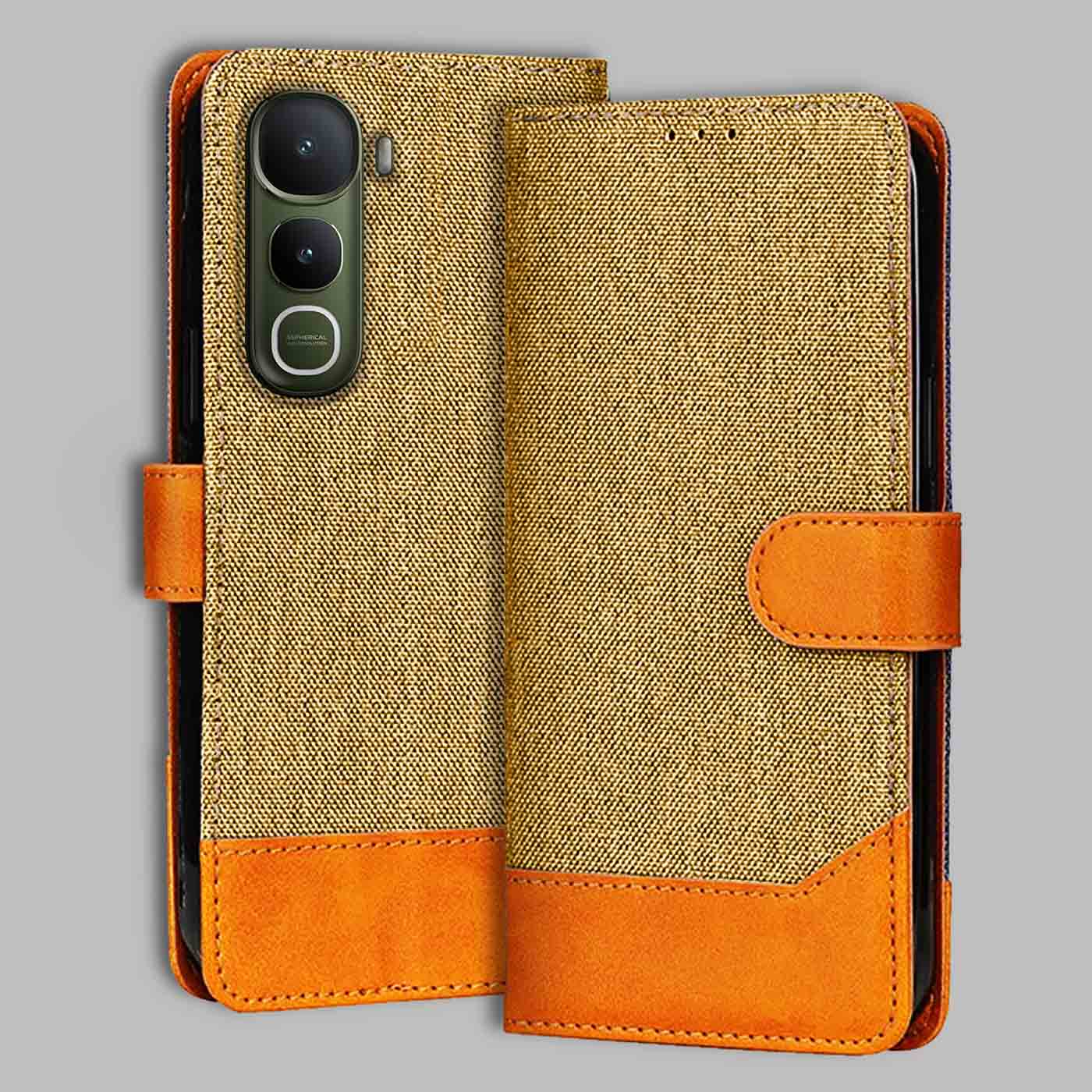 Accesorios Vivo Y400 5G denim flip cover – Light Brown – Image 1 #color_light b